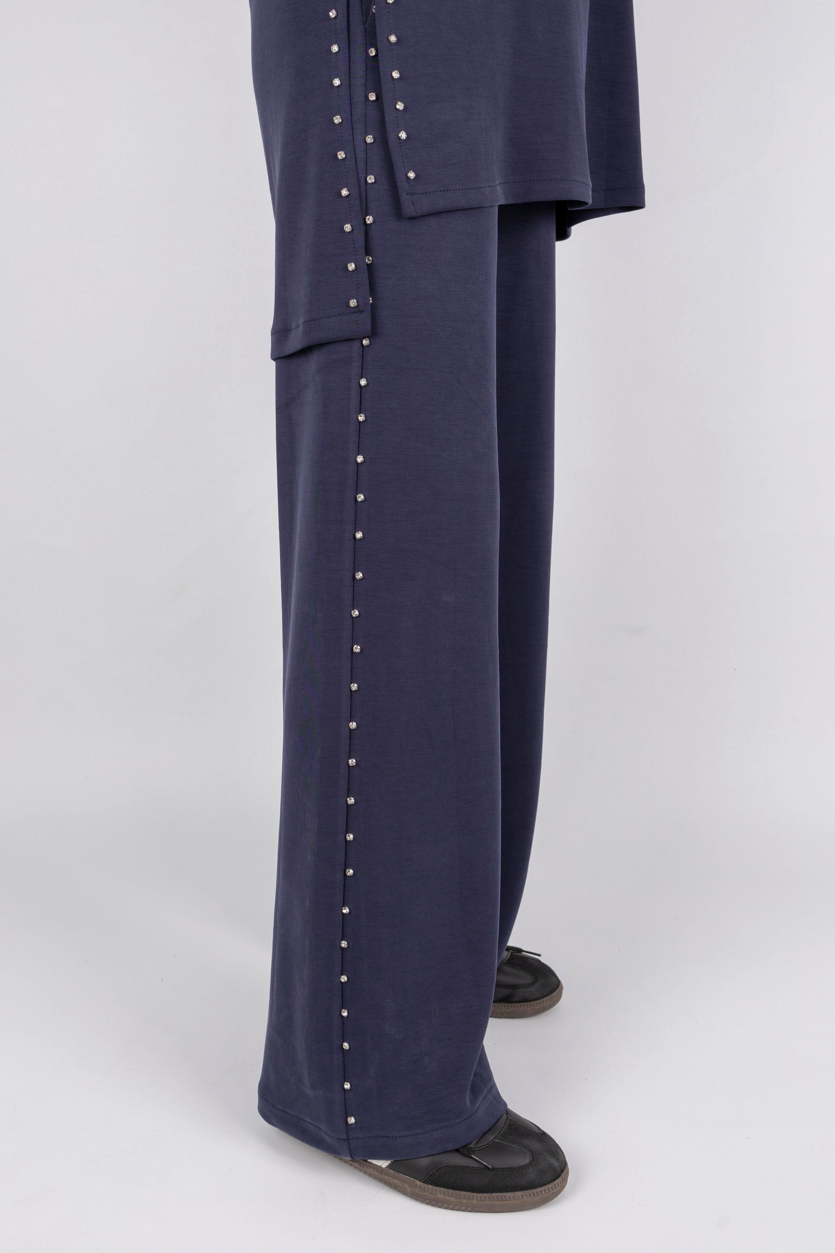 Kapüşonlu Yanları Taşlı Pantolon Takım Lacivert OTW8582