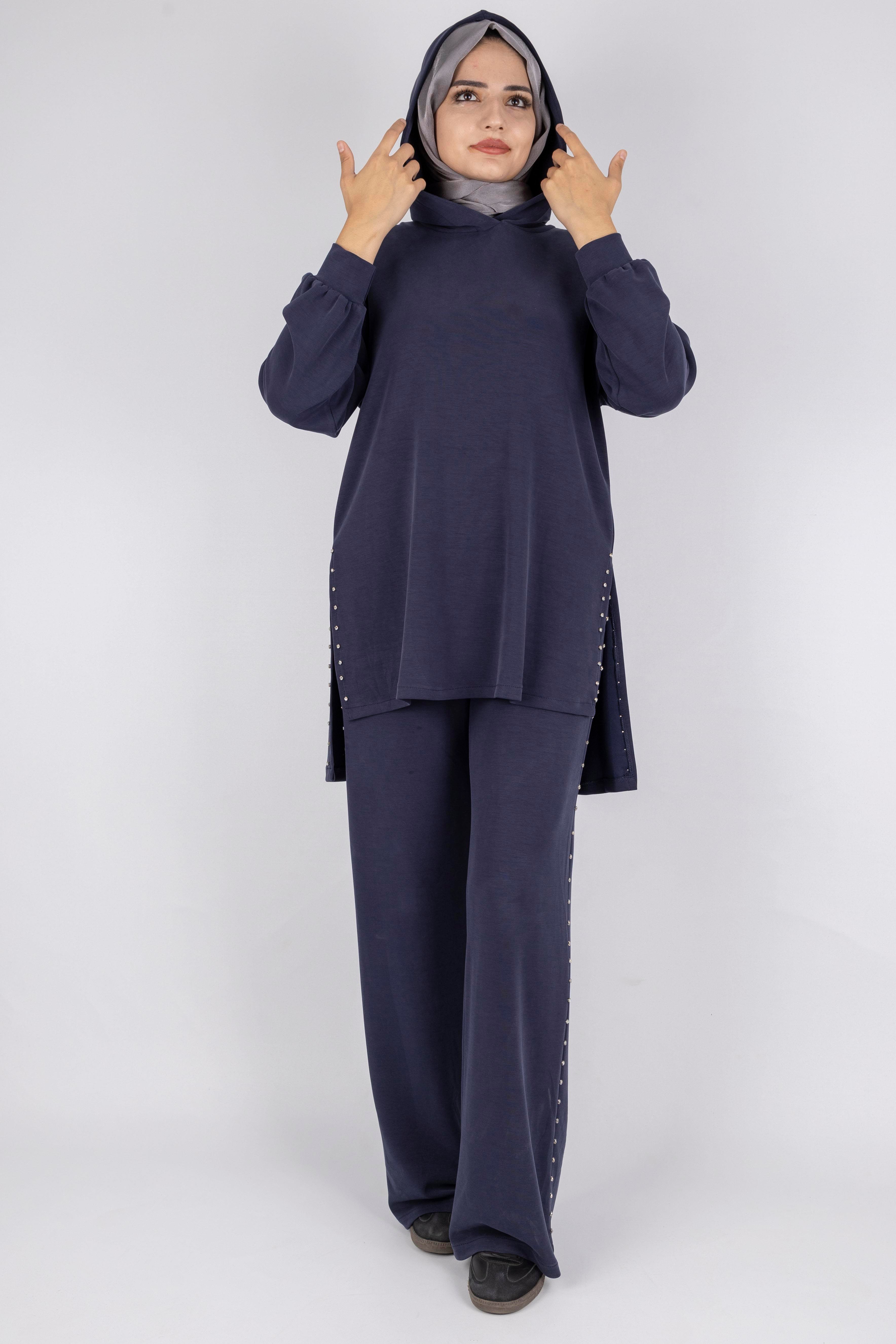 Kapüşonlu Yanları Taşlı Pantolon Takım Lacivert OTW8582