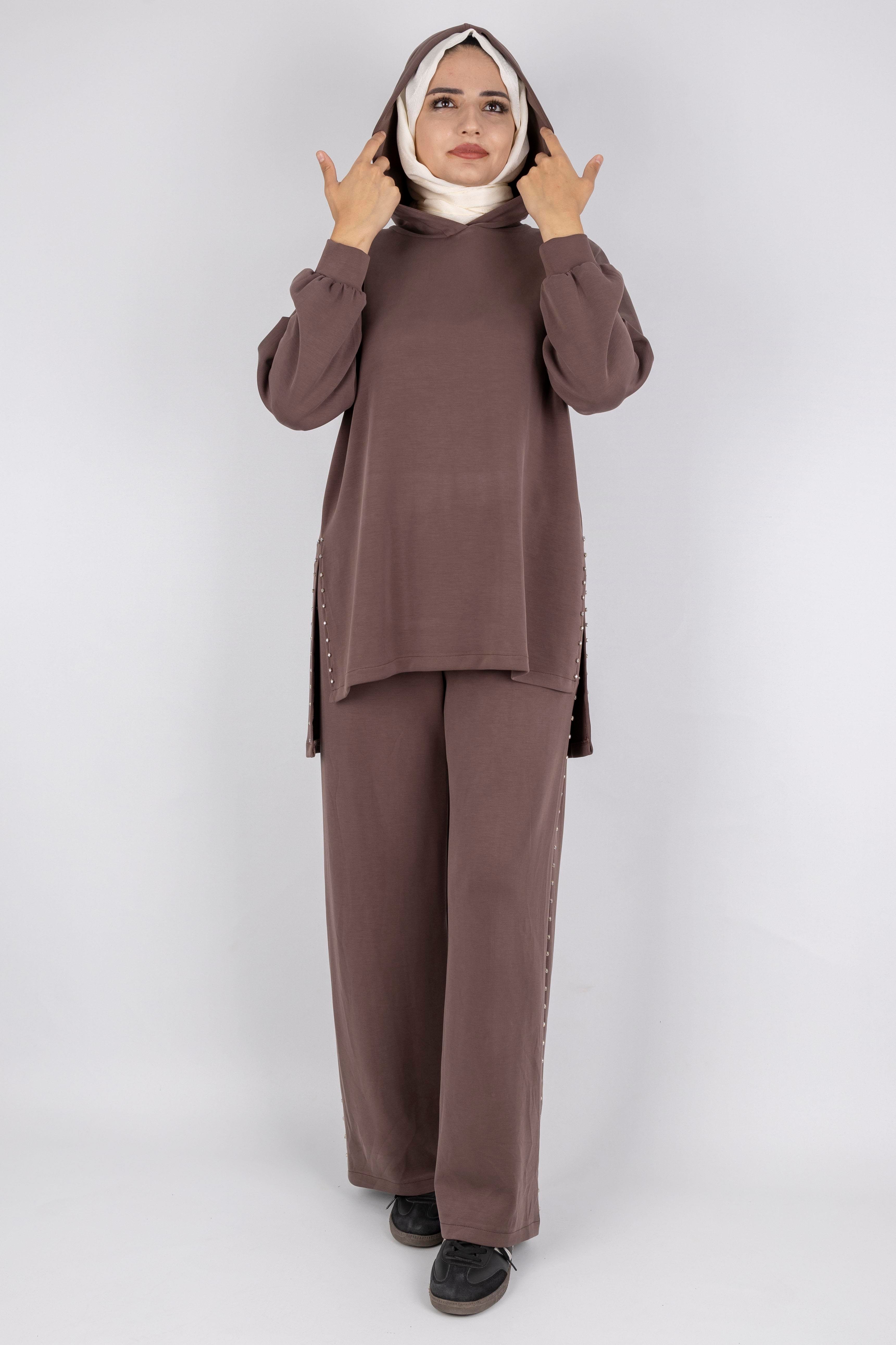 Kapüşonlu Yanları Taşlı Pantolon Takım Kahve OTW8582