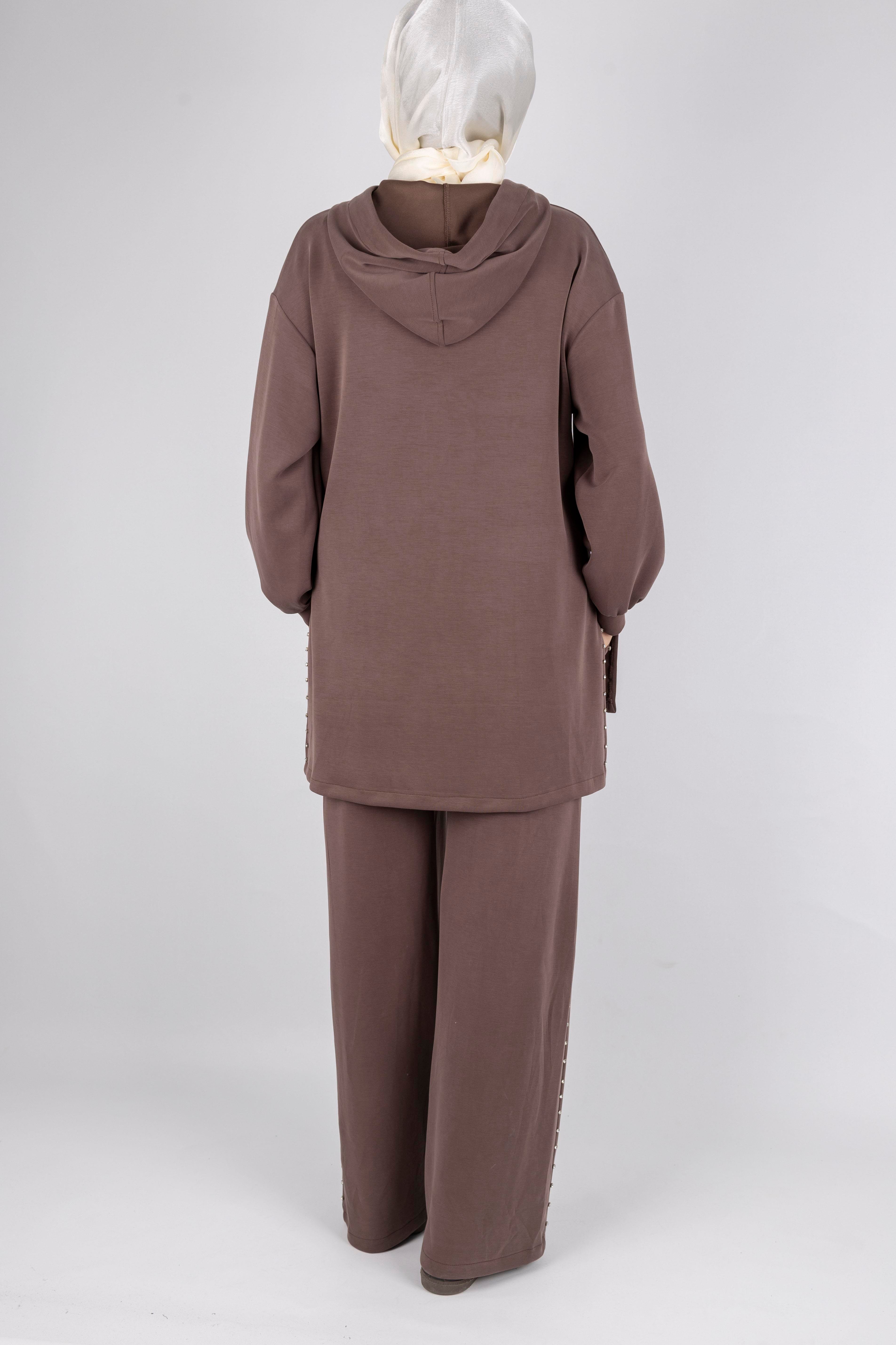 Kapüşonlu Yanları Taşlı Pantolon Takım Kahve OTW8582