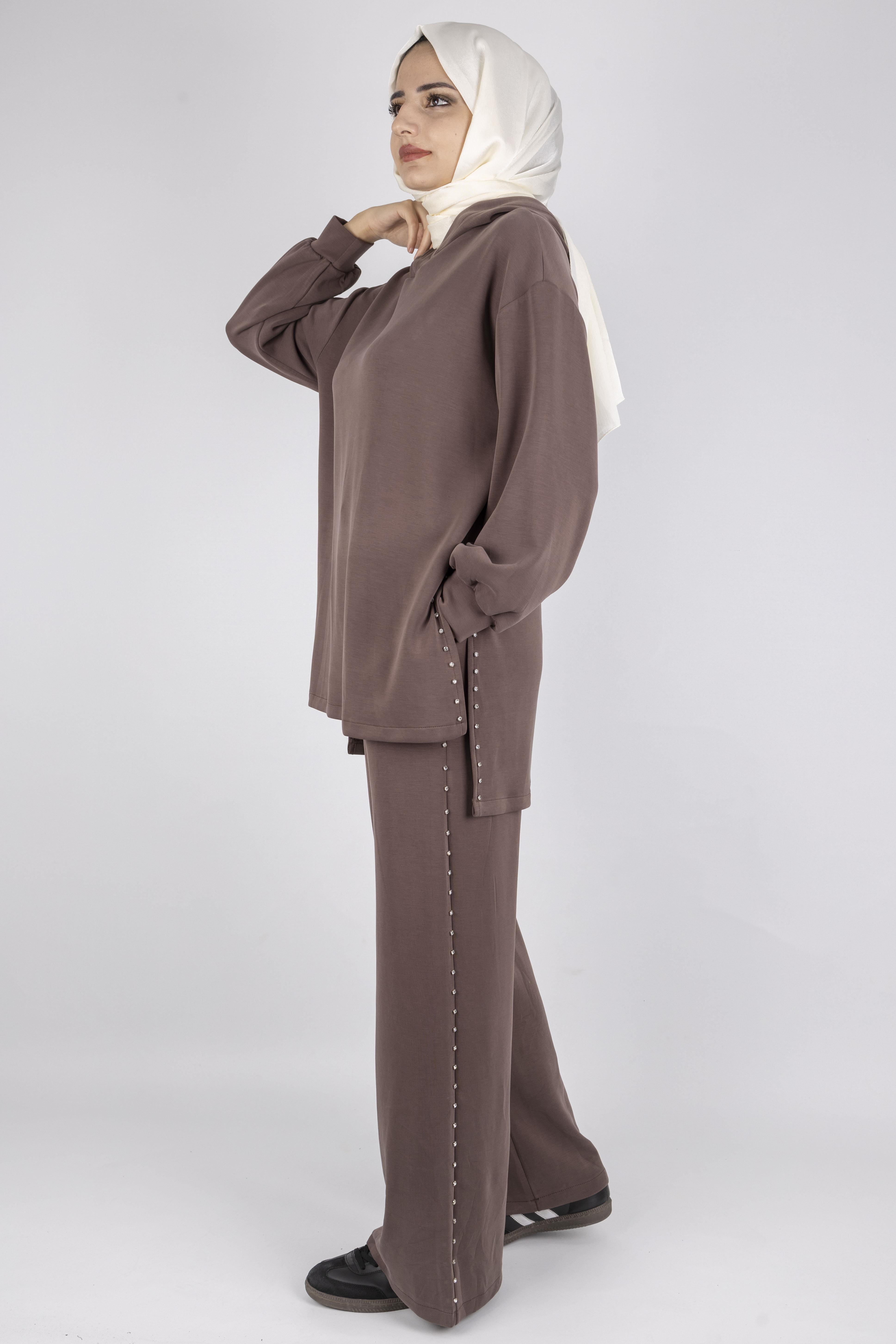 Kapüşonlu Yanları Taşlı Pantolon Takım Kahve OTW8582