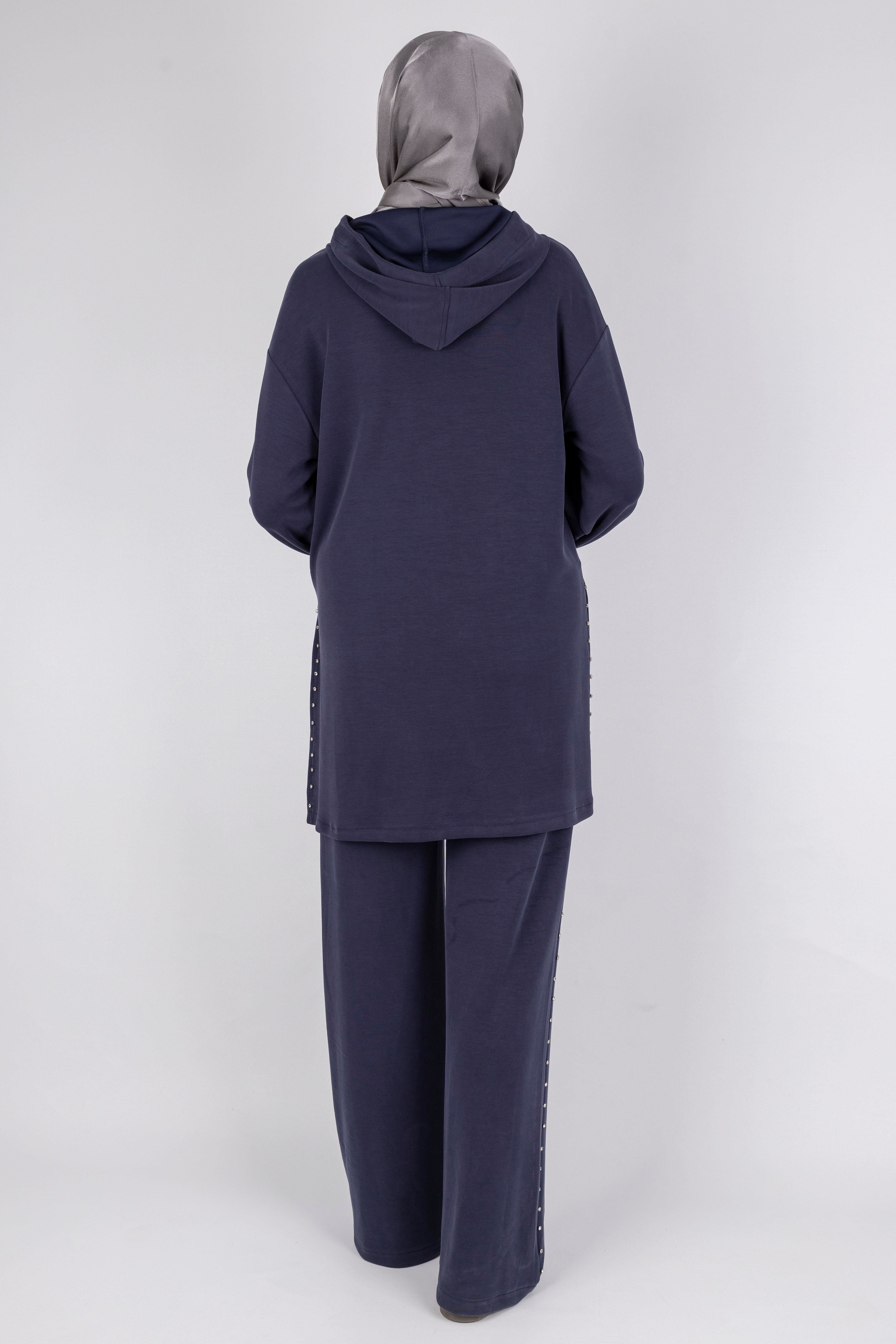 Kapüşonlu Yanları Taşlı Pantolon Takım Lacivert OTW8582