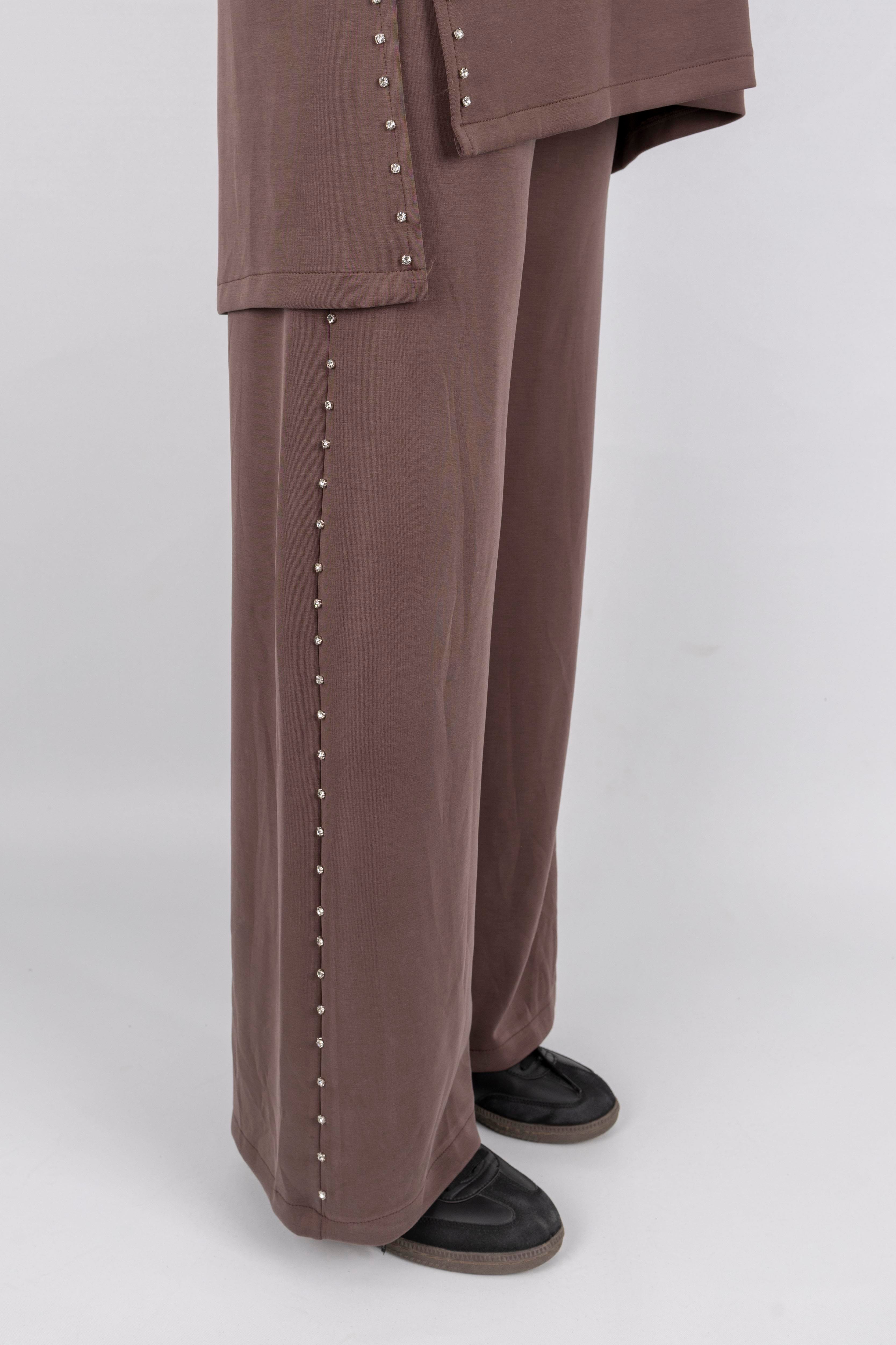 Kapüşonlu Yanları Taşlı Pantolon Takım Kahve OTW8582