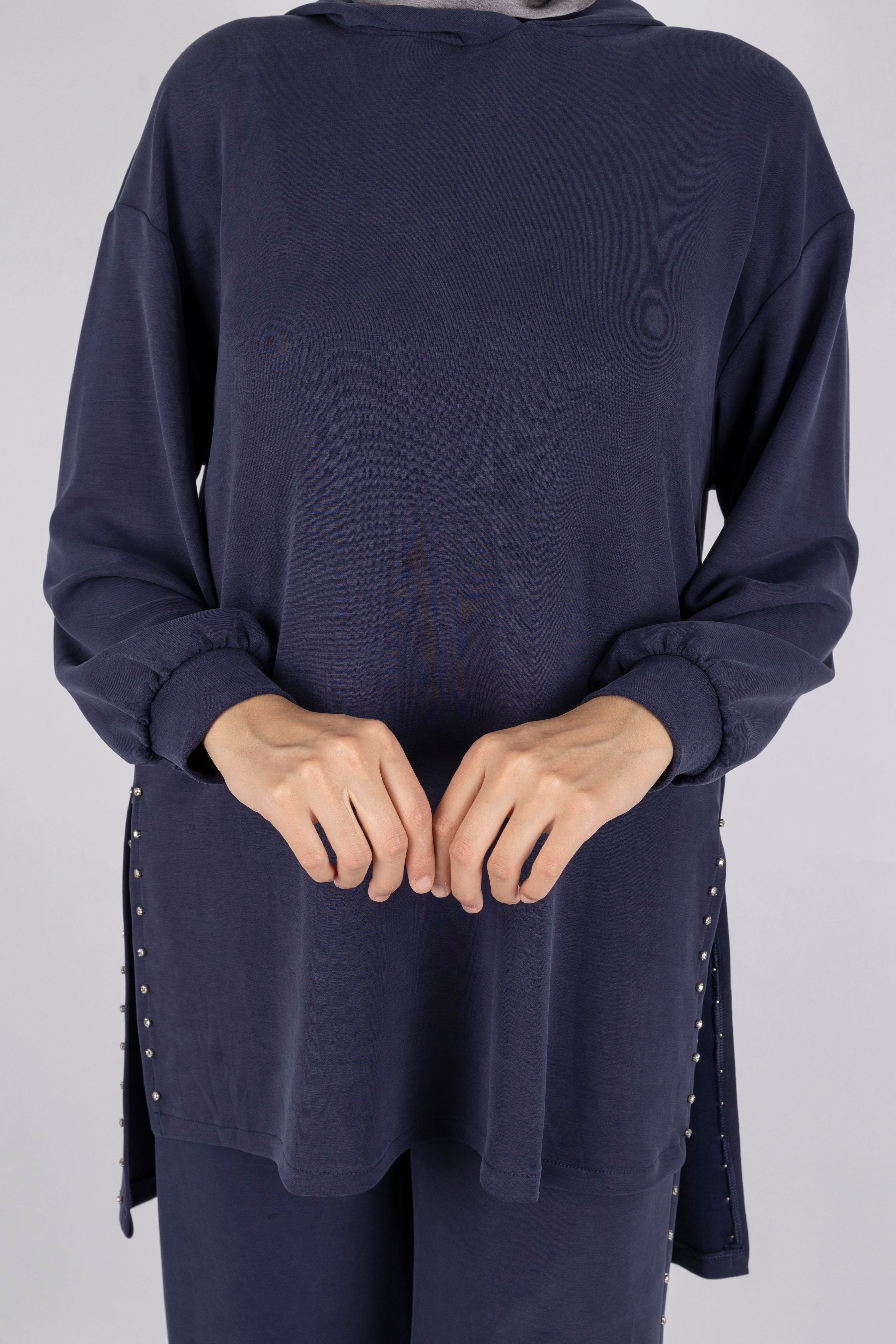 Kapüşonlu Yanları Taşlı Pantolon Takım Lacivert OTW8582