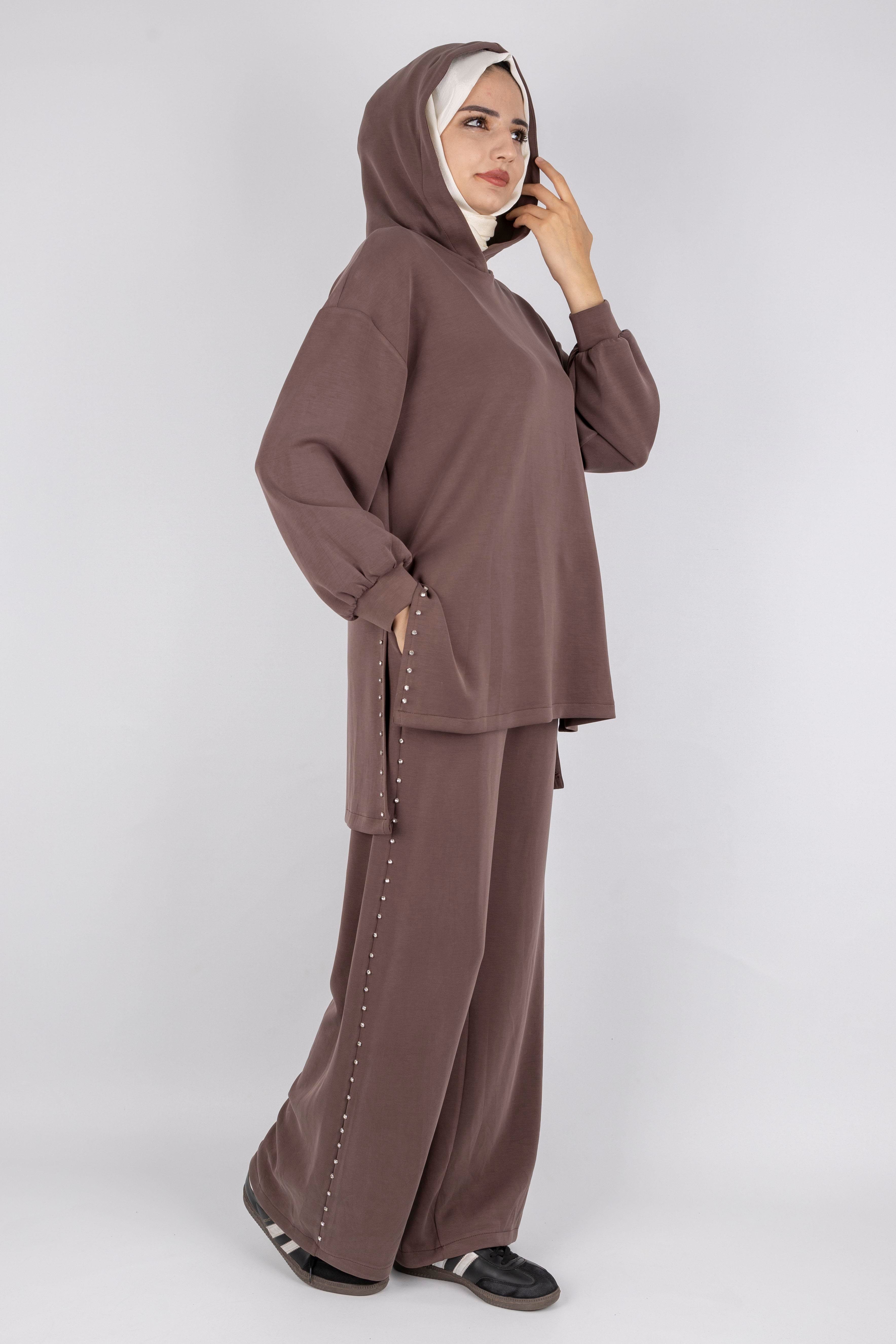 Kapüşonlu Yanları Taşlı Pantolon Takım Kahve OTW8582