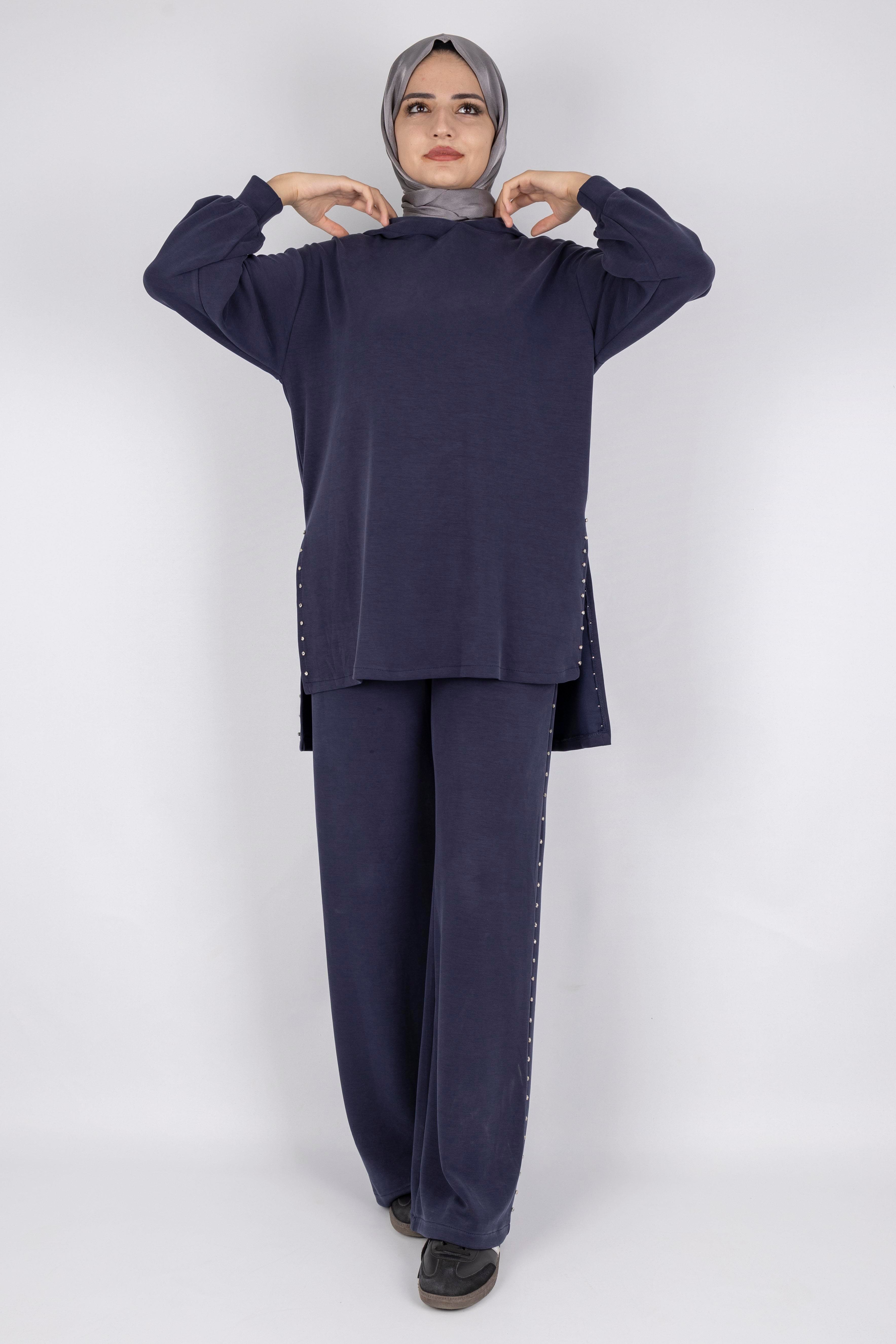 Kapüşonlu Yanları Taşlı Pantolon Takım Lacivert OTW8582