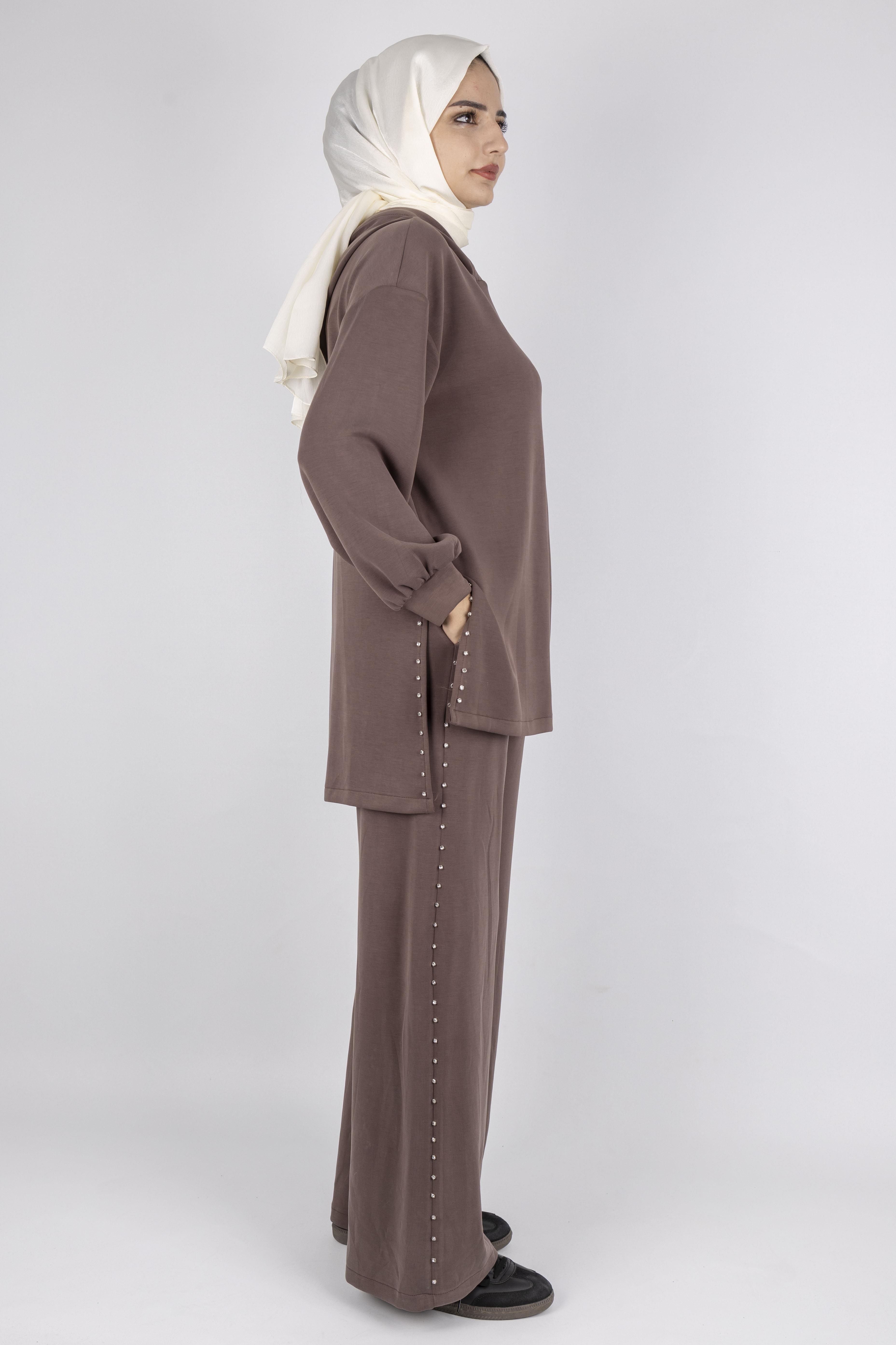 Kapüşonlu Yanları Taşlı Pantolon Takım Kahve OTW8582