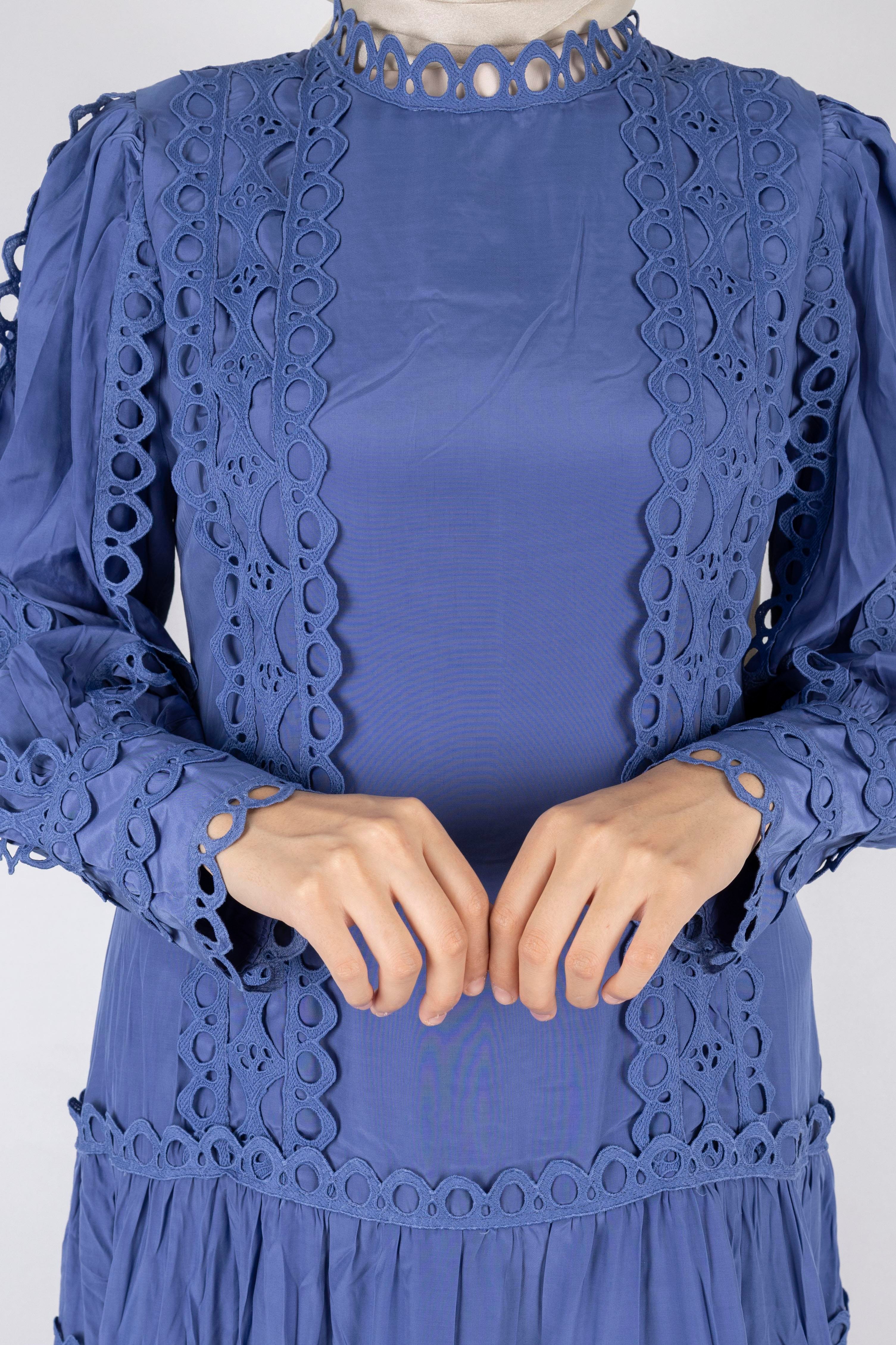 Kat Kat Fisto Detaylı Dantelli Elbise Mavi OTW1164