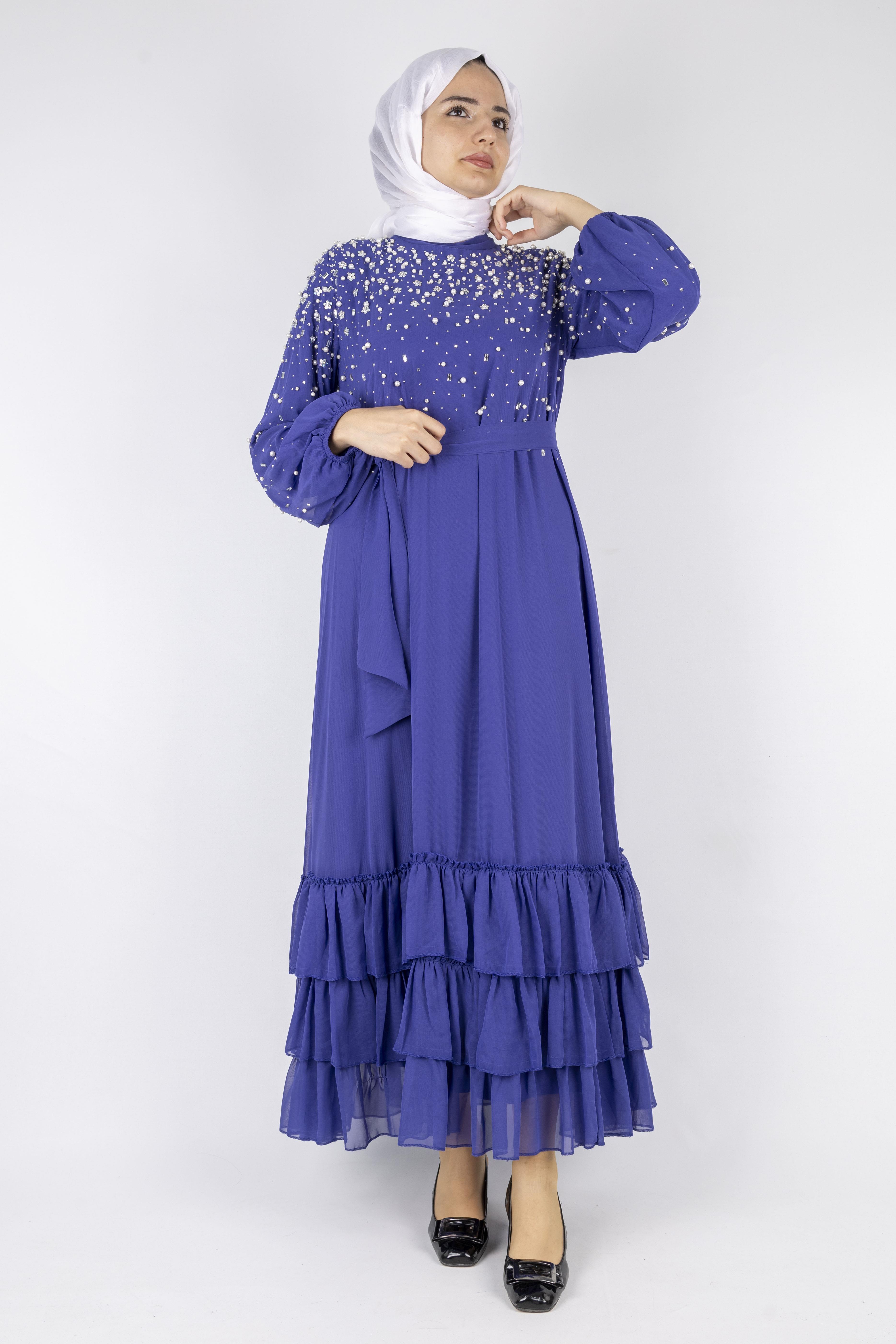 Kat Kat Volanlı İncili Şifon Elbise Parlement OTW4150