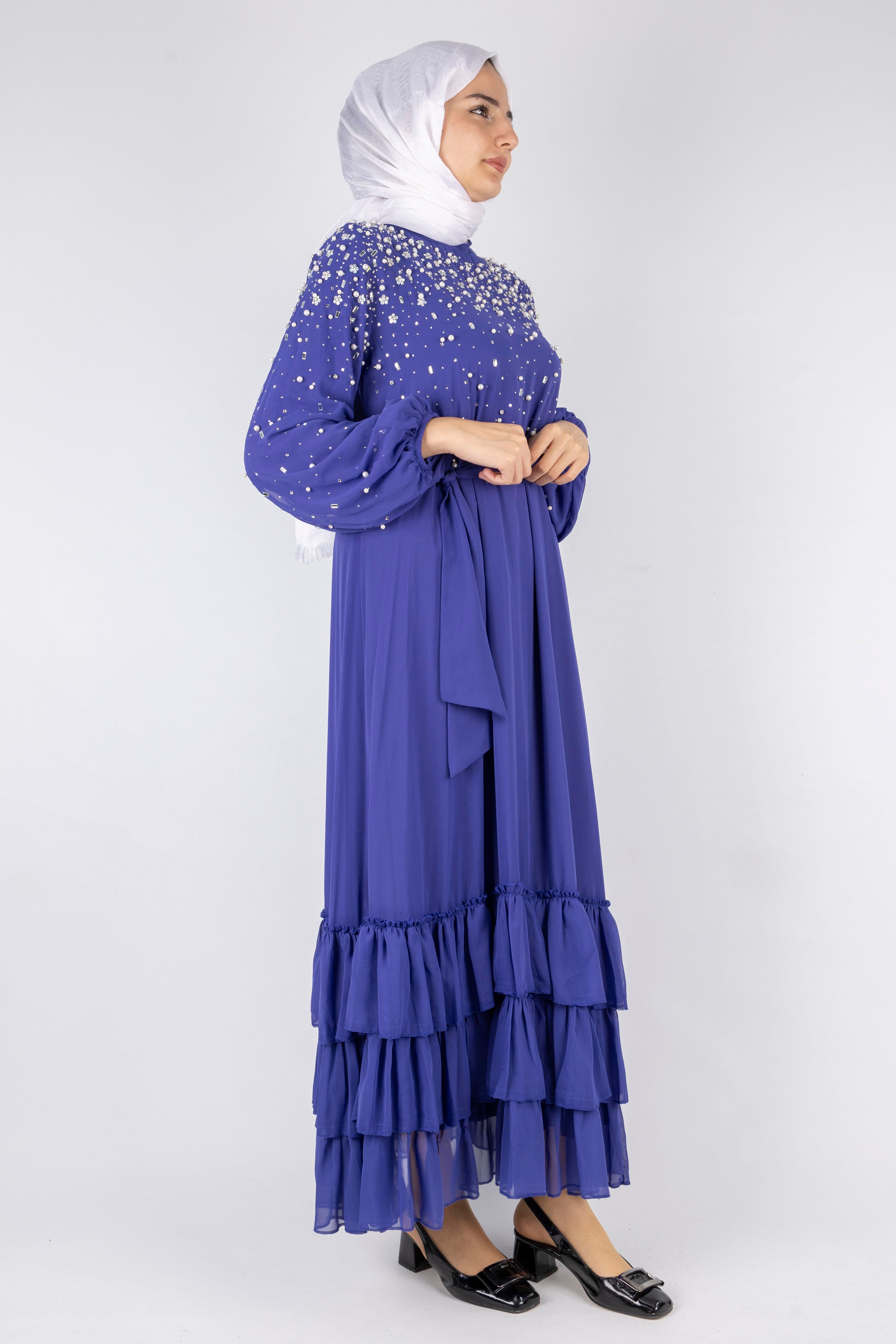 Kat Kat Volanlı İncili Şifon Elbise Parlement OTW4150