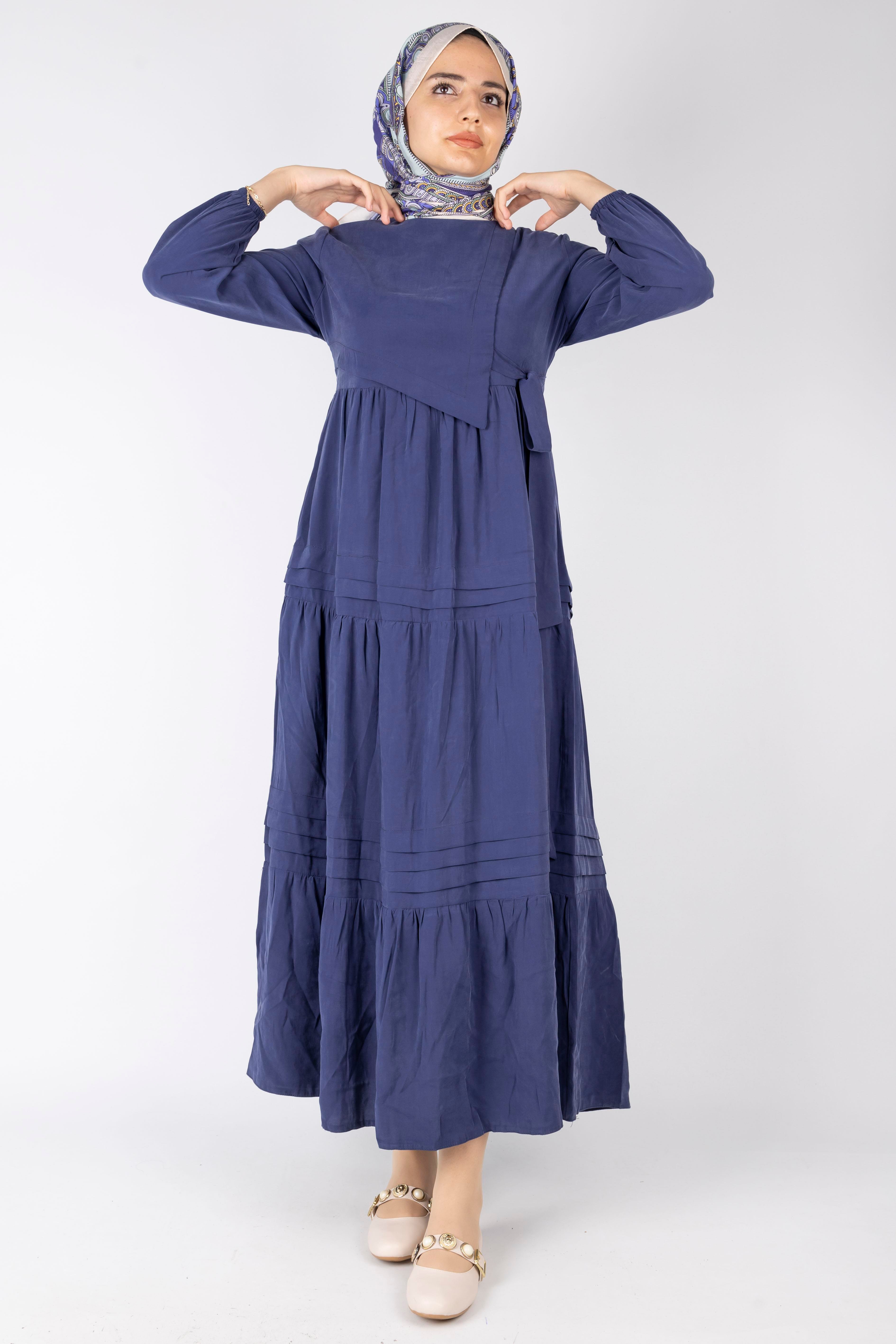 Kat Kat Volanlı Kuşaklı Tesettür Elbise Lacivert OTW5238