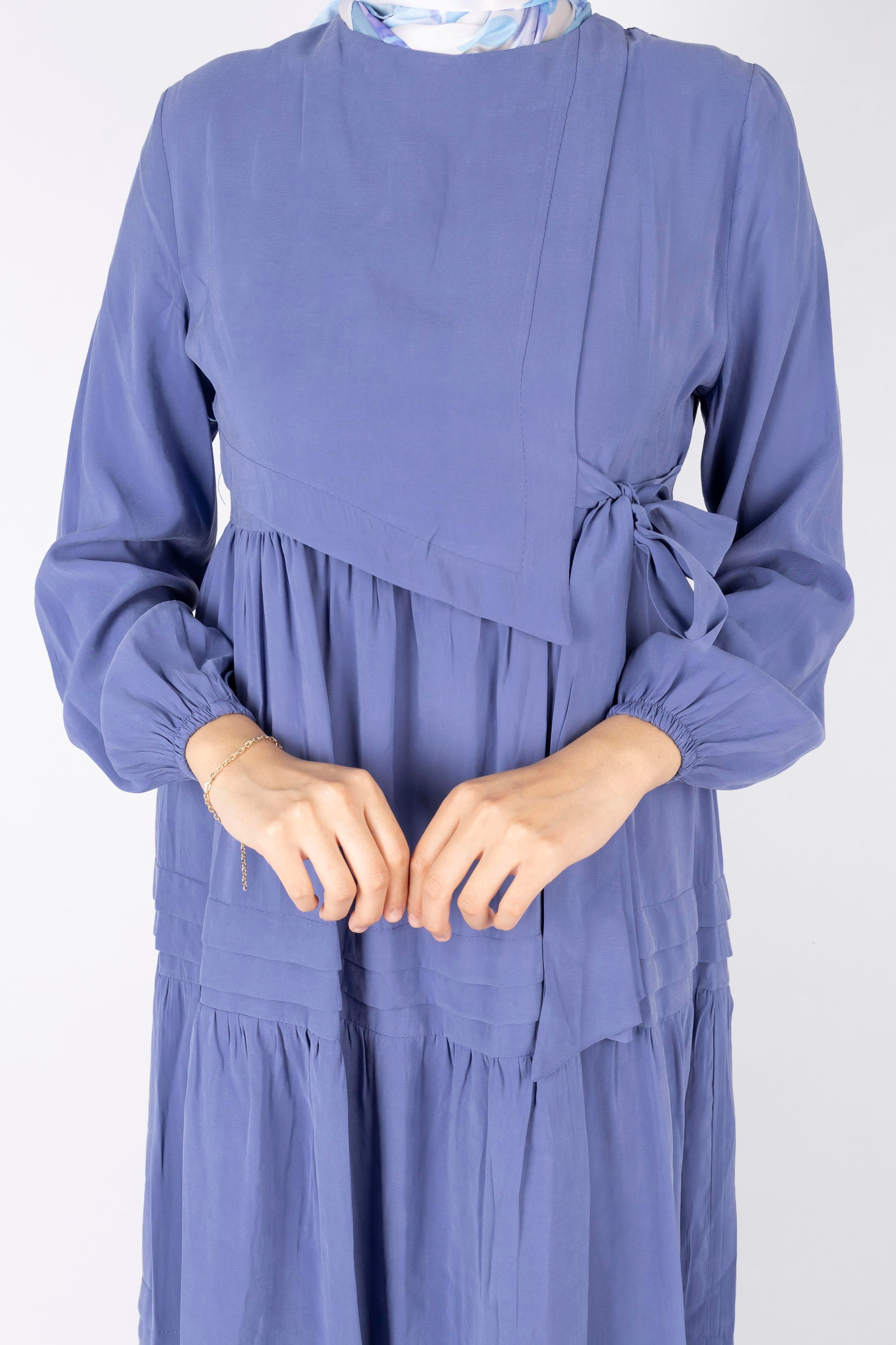 Kat Kat Volanlı Kuşaklı Tesettür Elbise İndigo OTW5238