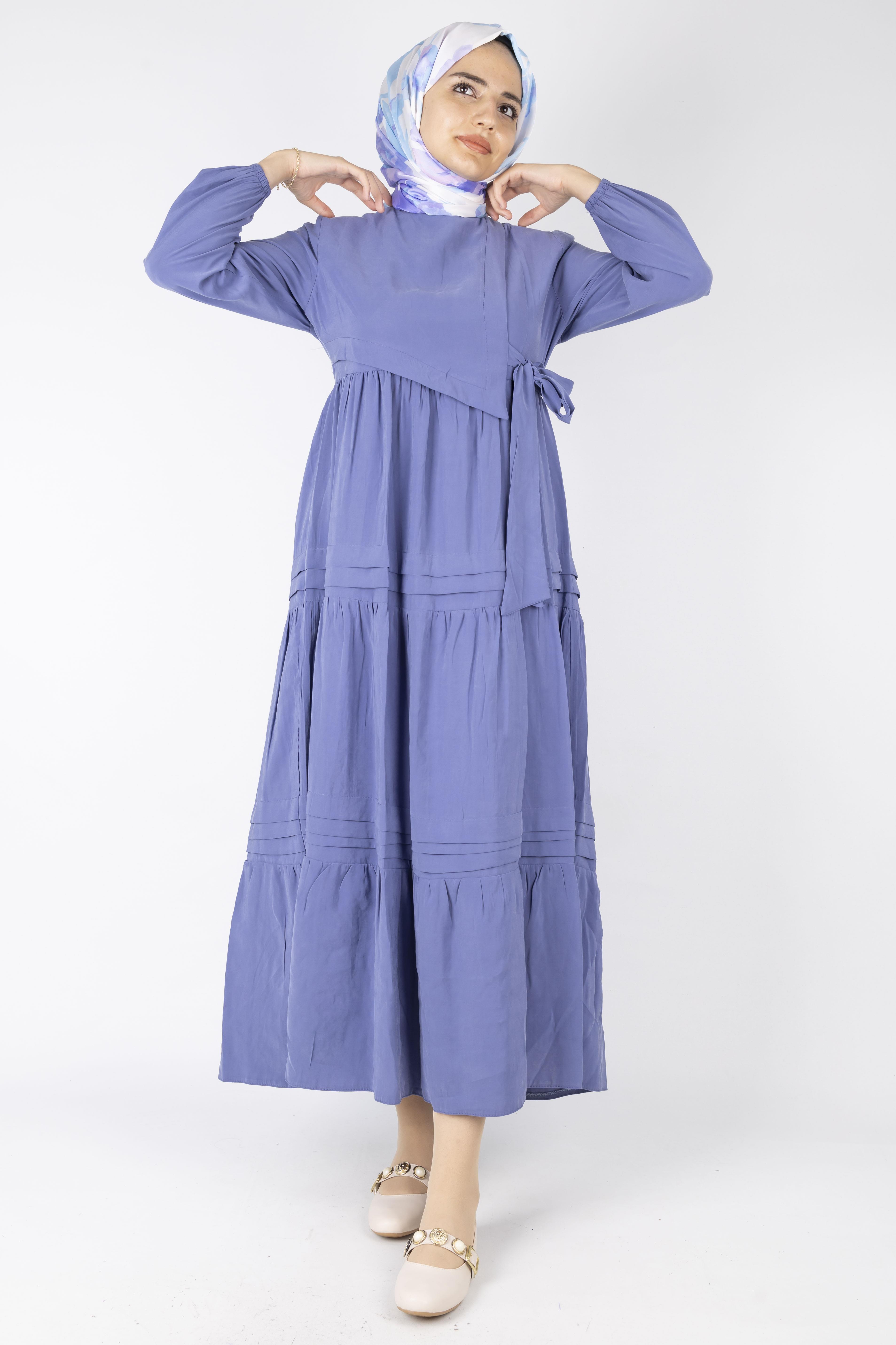 Kat Kat Volanlı Kuşaklı Tesettür Elbise İndigo OTW5238