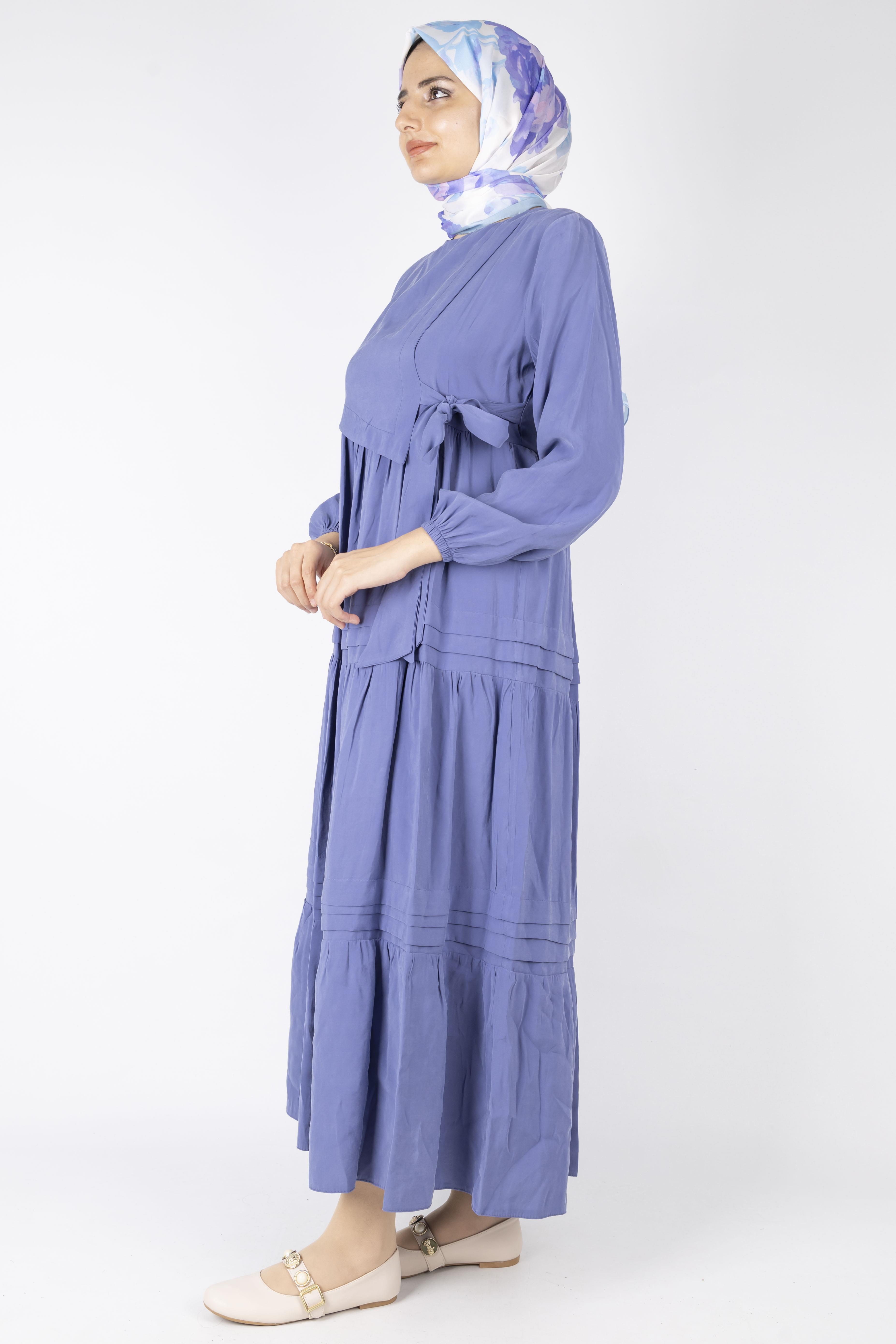 Kat Kat Volanlı Kuşaklı Tesettür Elbise İndigo OTW5238