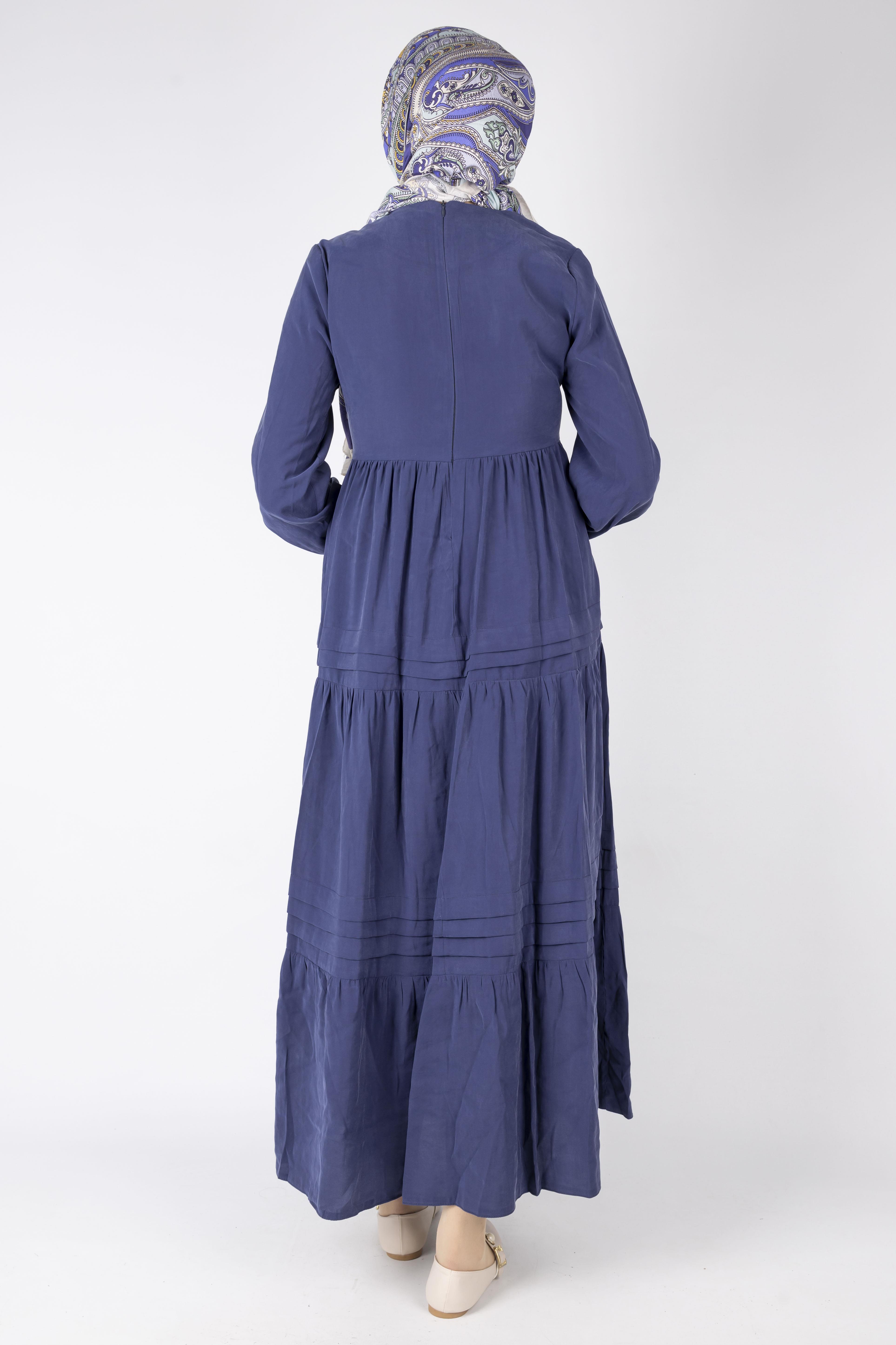 Kat Kat Volanlı Kuşaklı Tesettür Elbise Lacivert OTW5238