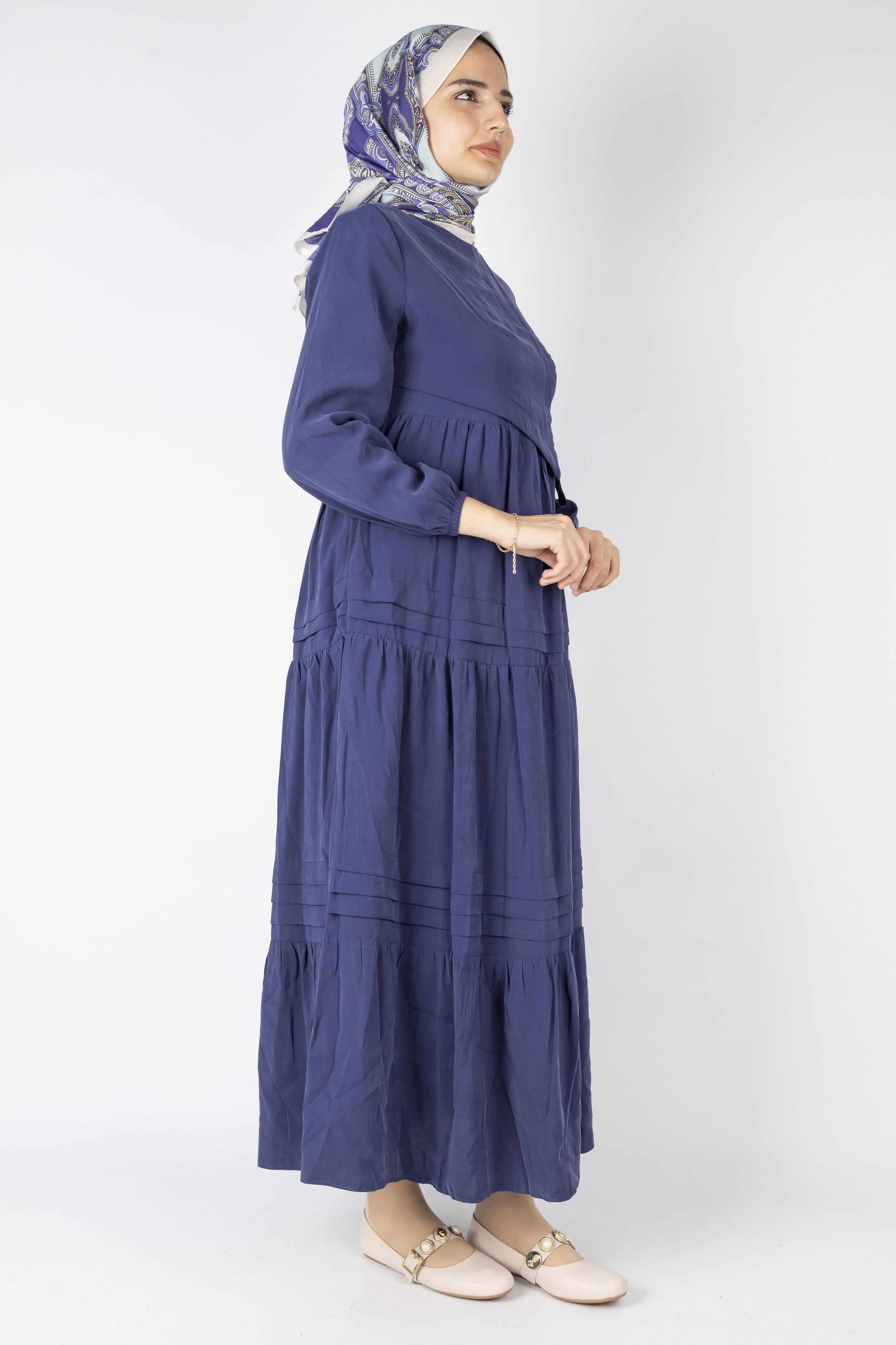 Kat Kat Volanlı Kuşaklı Tesettür Elbise Lacivert OTW5238