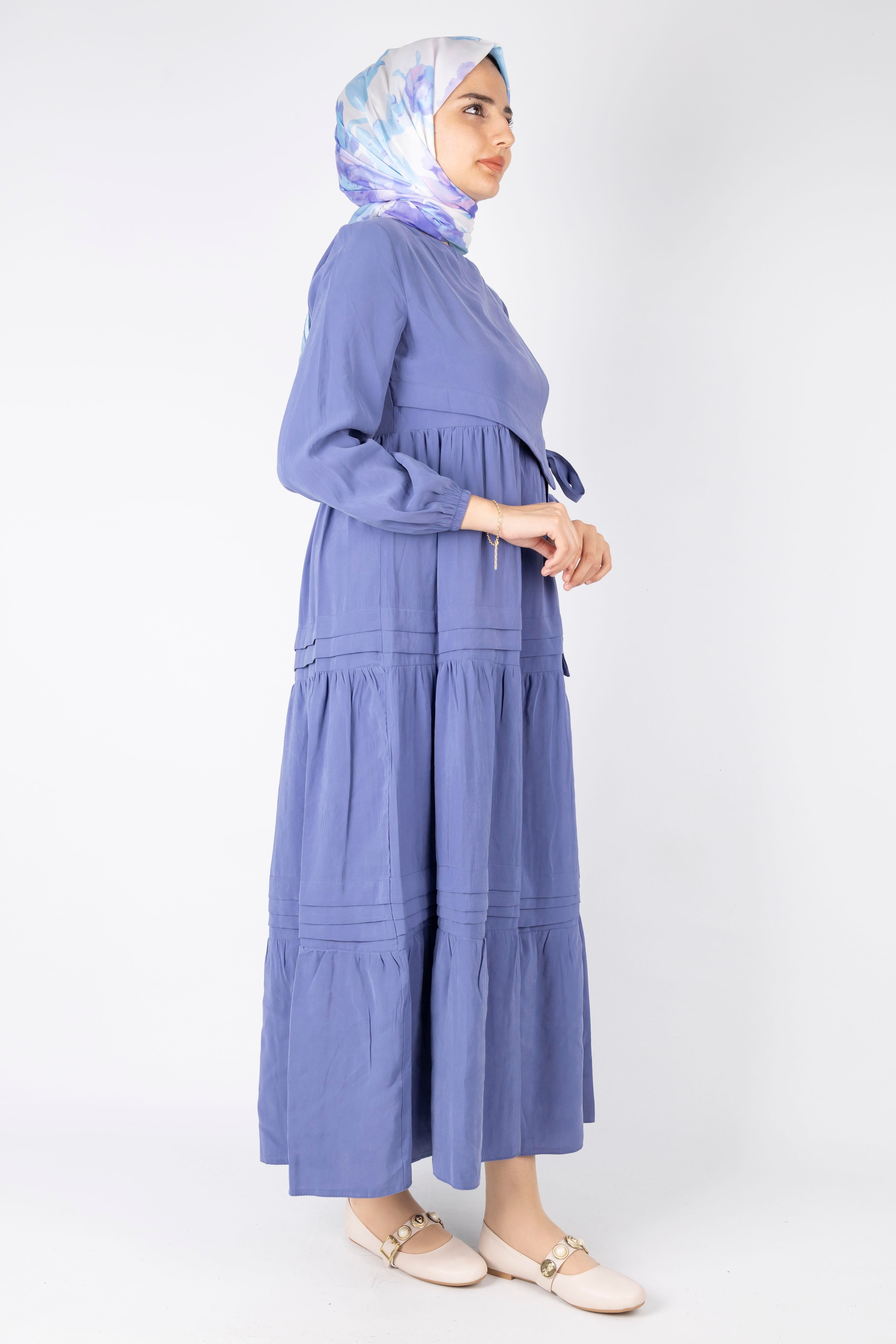 Kat Kat Volanlı Kuşaklı Tesettür Elbise İndigo OTW5238