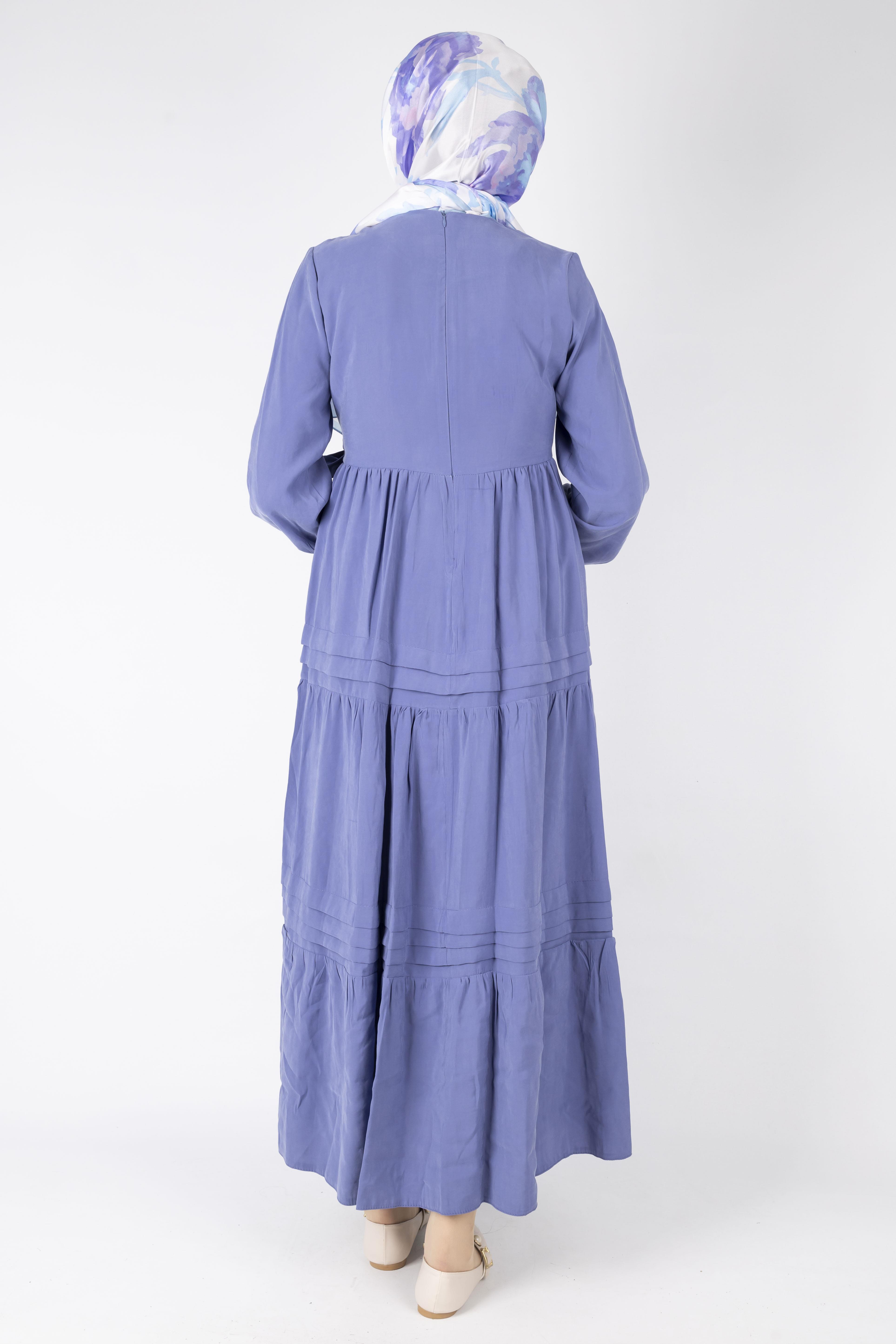 Kat Kat Volanlı Kuşaklı Tesettür Elbise İndigo OTW5238