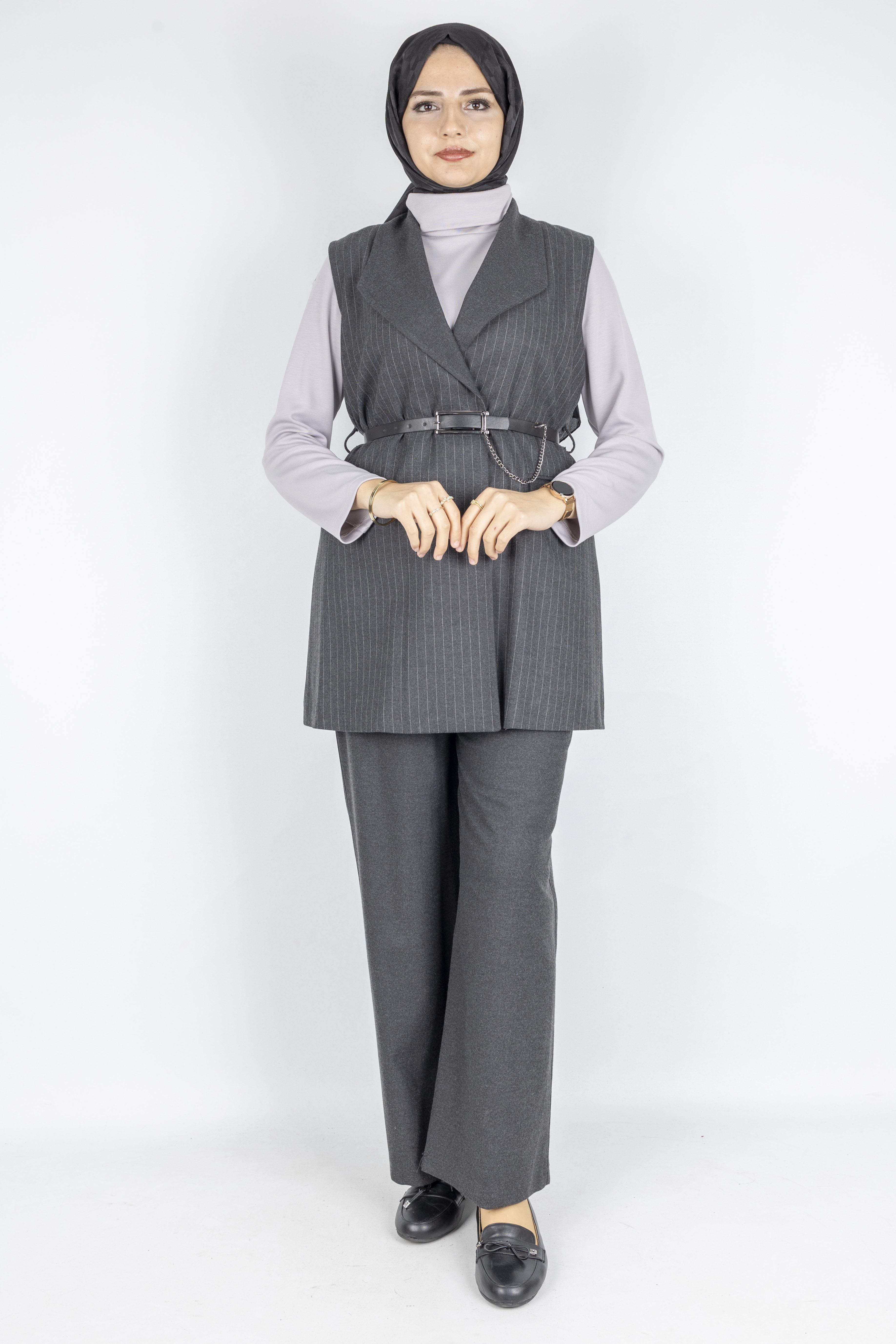 Kemer Detaylı Çizgili Üçlü Takım Füme OTW2750