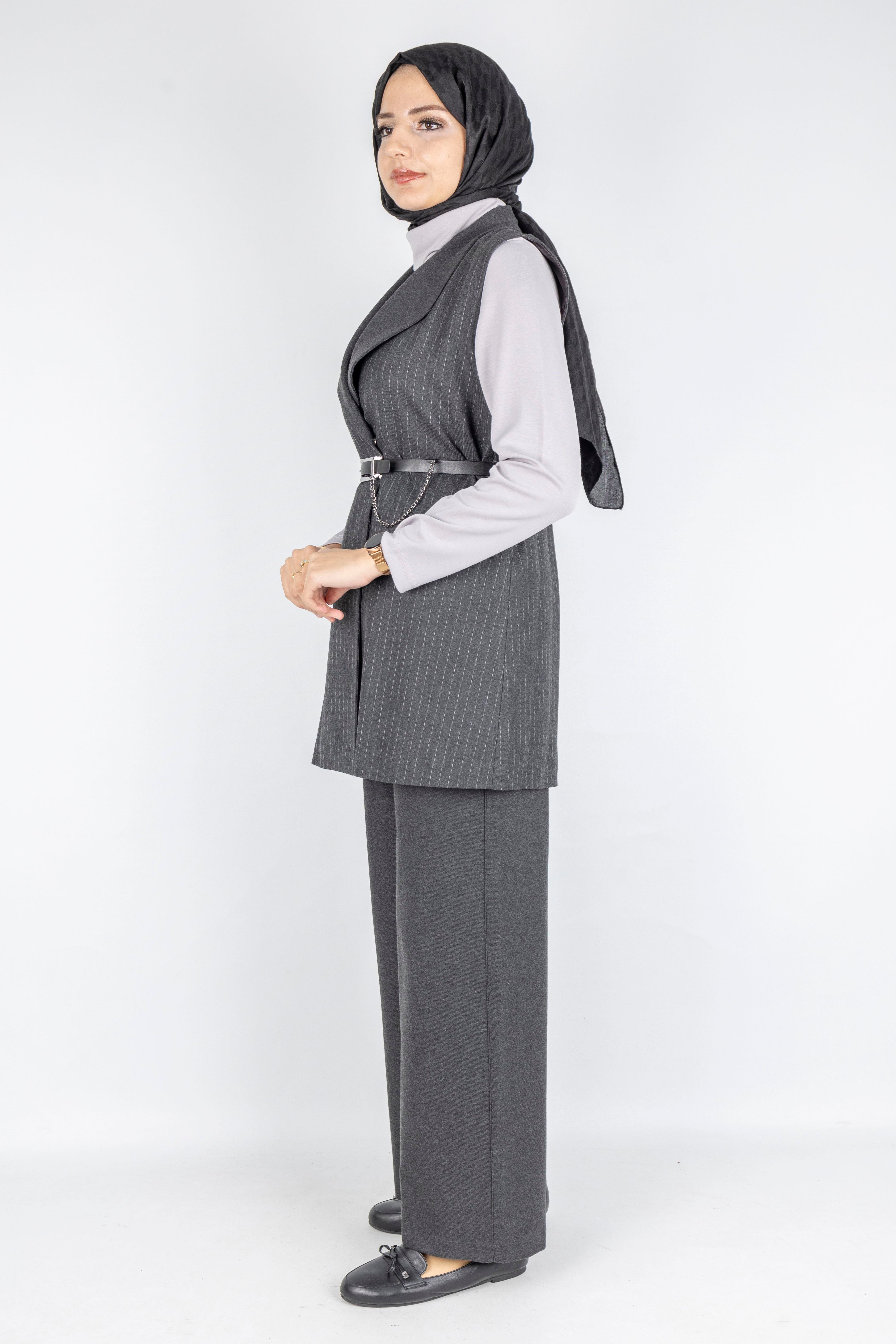 Kemer Detaylı Çizgili Üçlü Takım Füme OTW2750