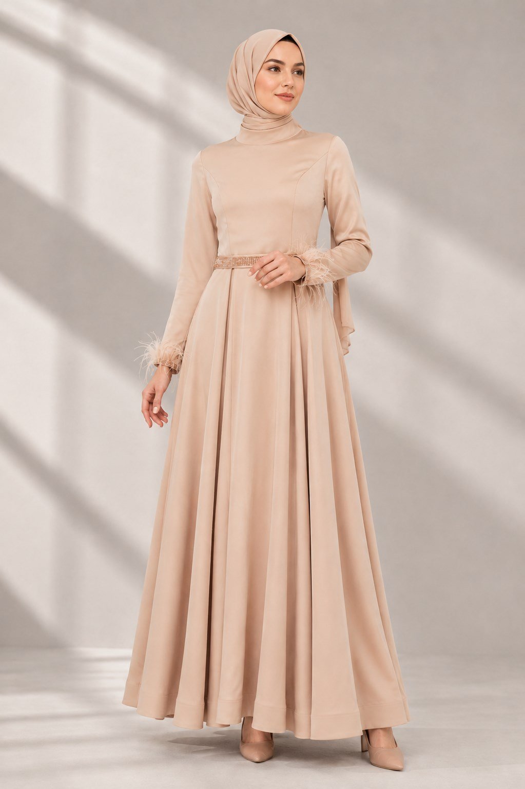 Kemerli Saten Abiye Elbise Gold OTW4609