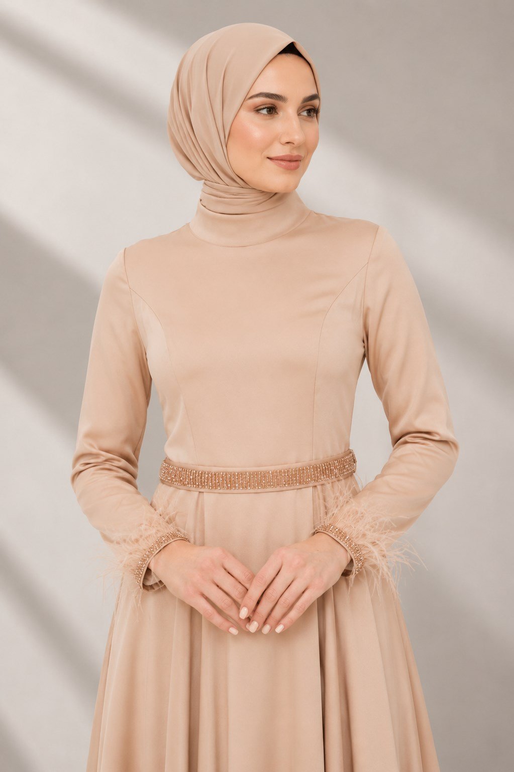 Kemerli Saten Abiye Elbise Gold OTW4609
