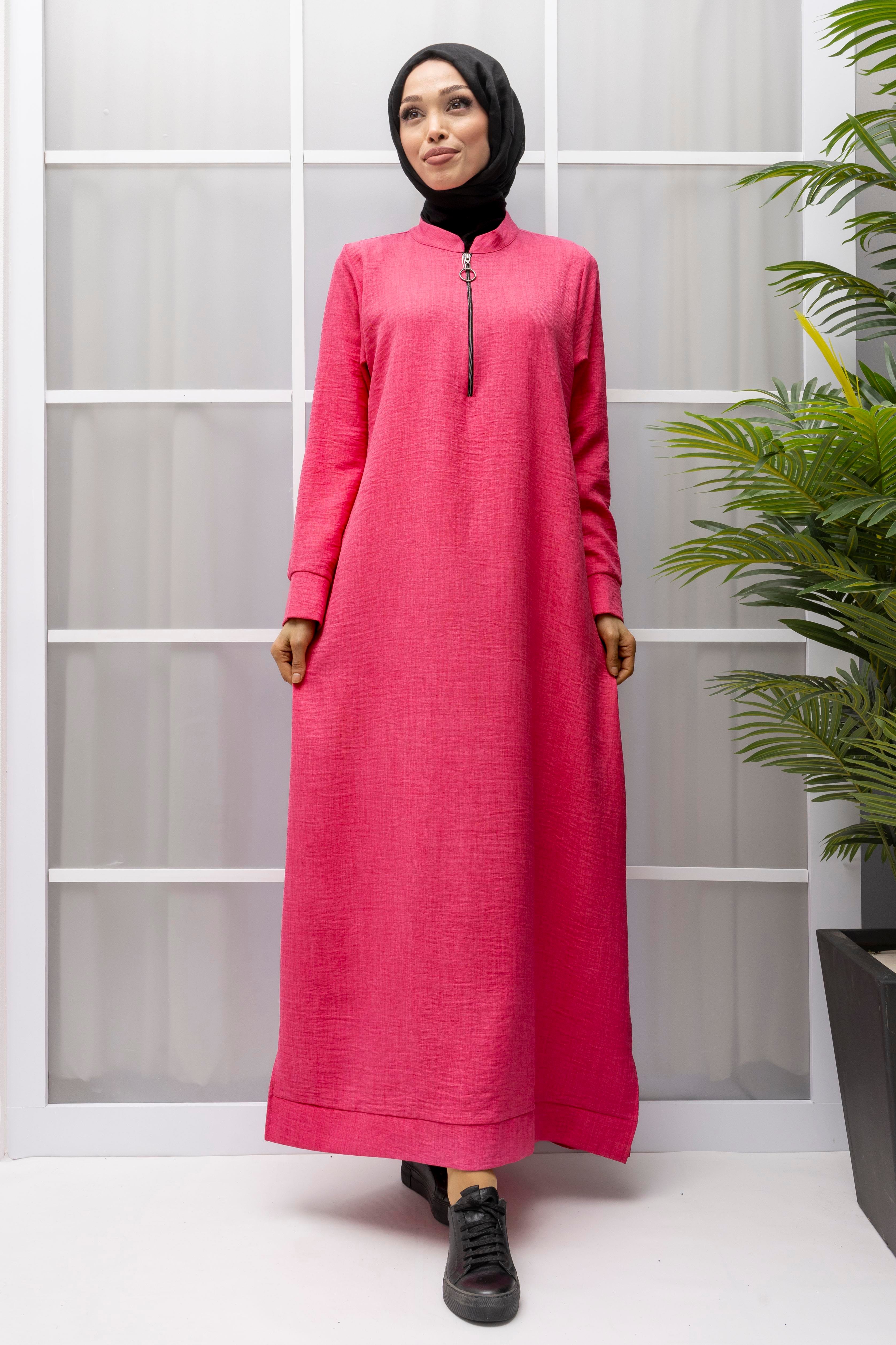 KETEN FERMUARLI GÜNLÜK ELBİSE Pembe OTW2086