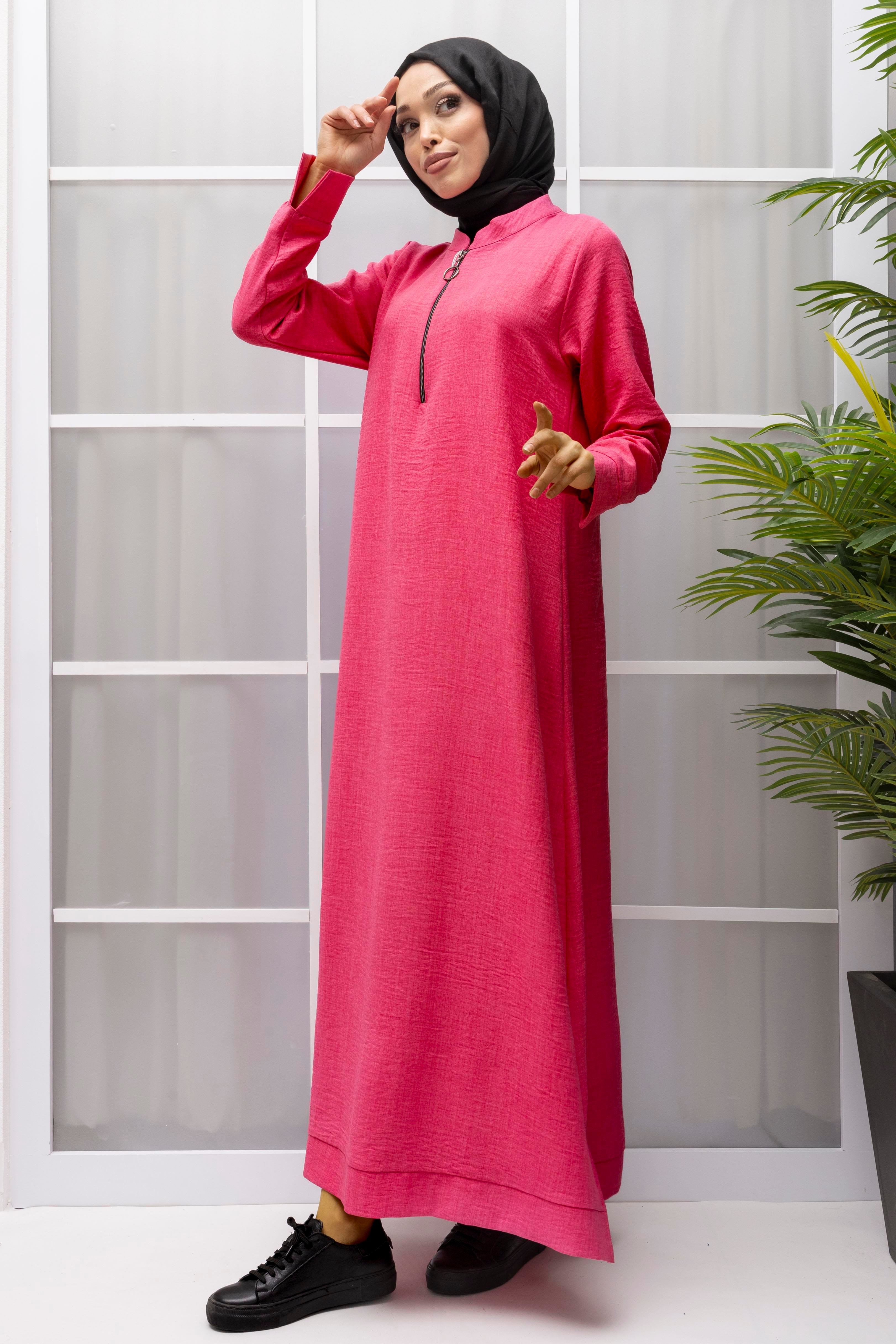 KETEN FERMUARLI GÜNLÜK ELBİSE Pembe OTW2086
