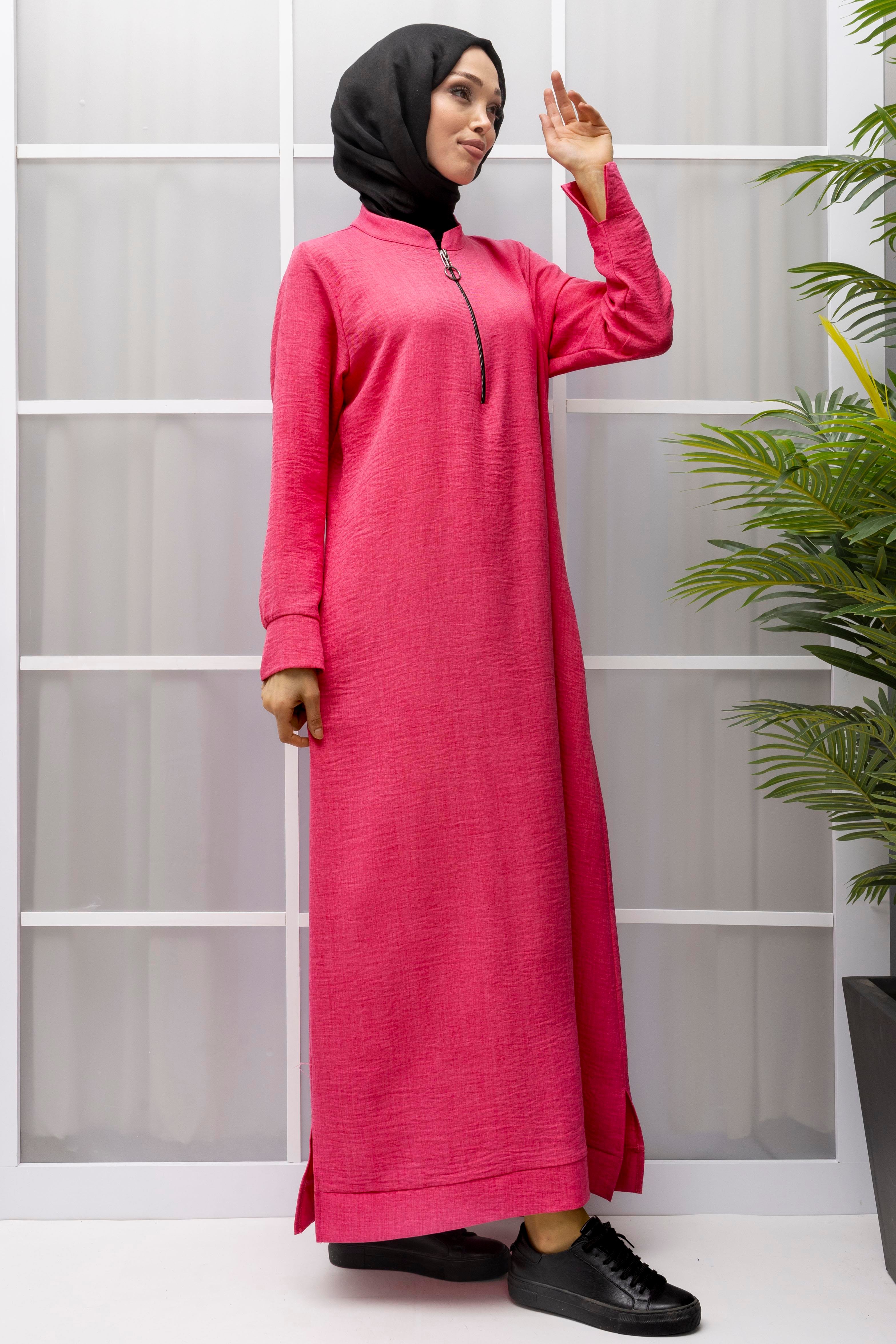 KETEN FERMUARLI GÜNLÜK ELBİSE Pembe OTW2086