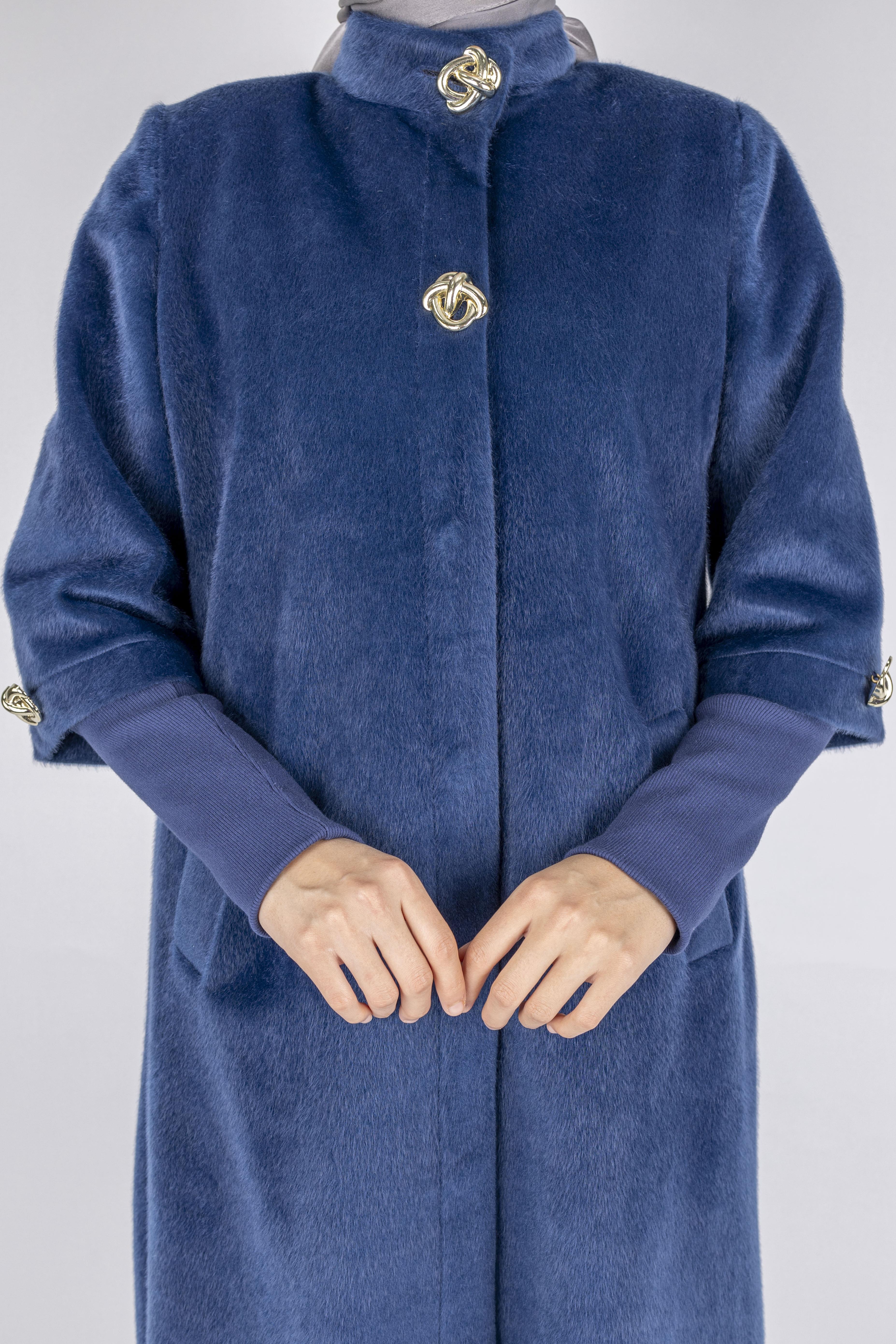 Kışlık Kadın Uzun Tay Tüyü Kaban Lacivert OTW36307