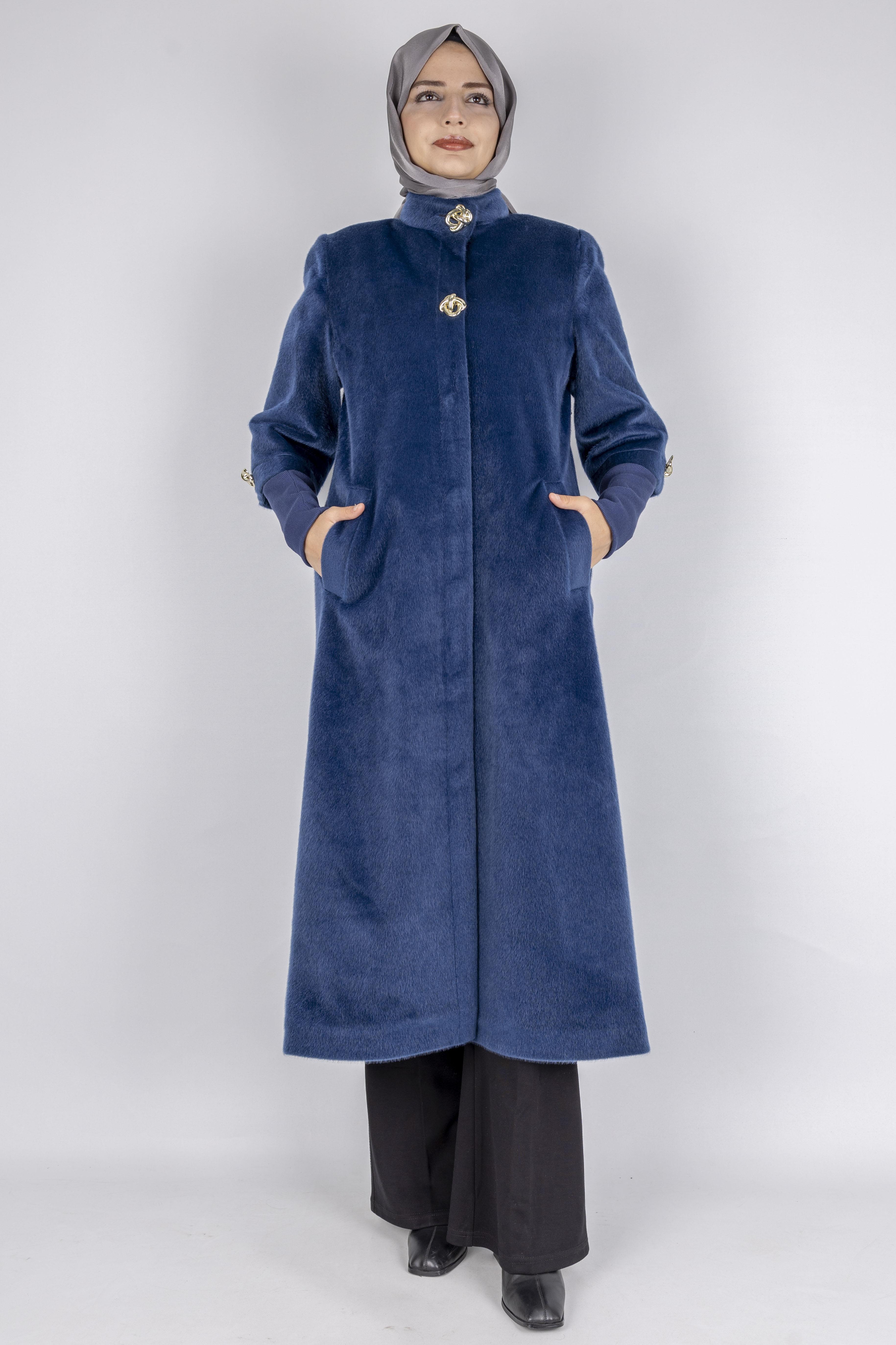 Kışlık Kadın Uzun Tay Tüyü Kaban Lacivert OTW36307