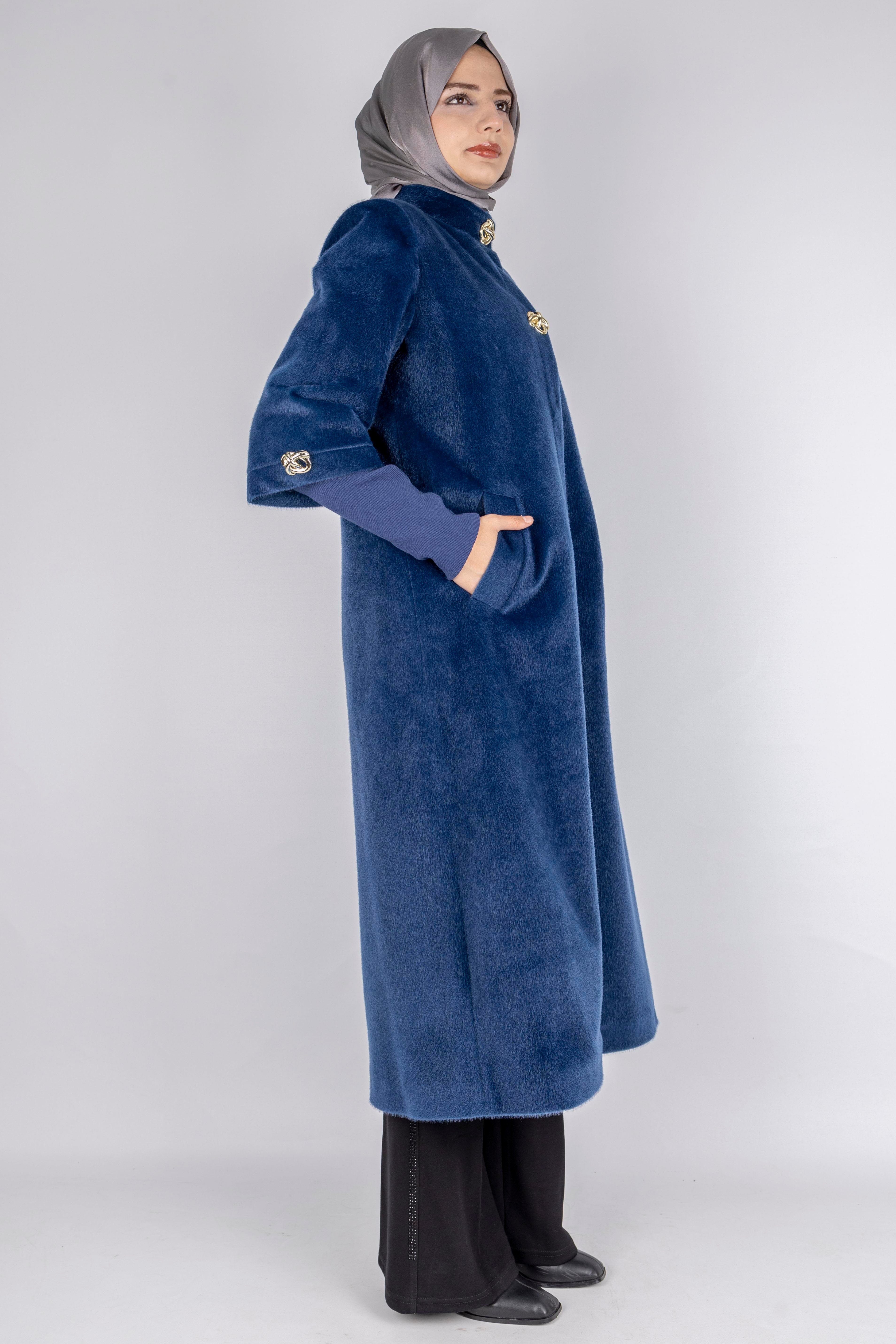 Kışlık Kadın Uzun Tay Tüyü Kaban Lacivert OTW36307