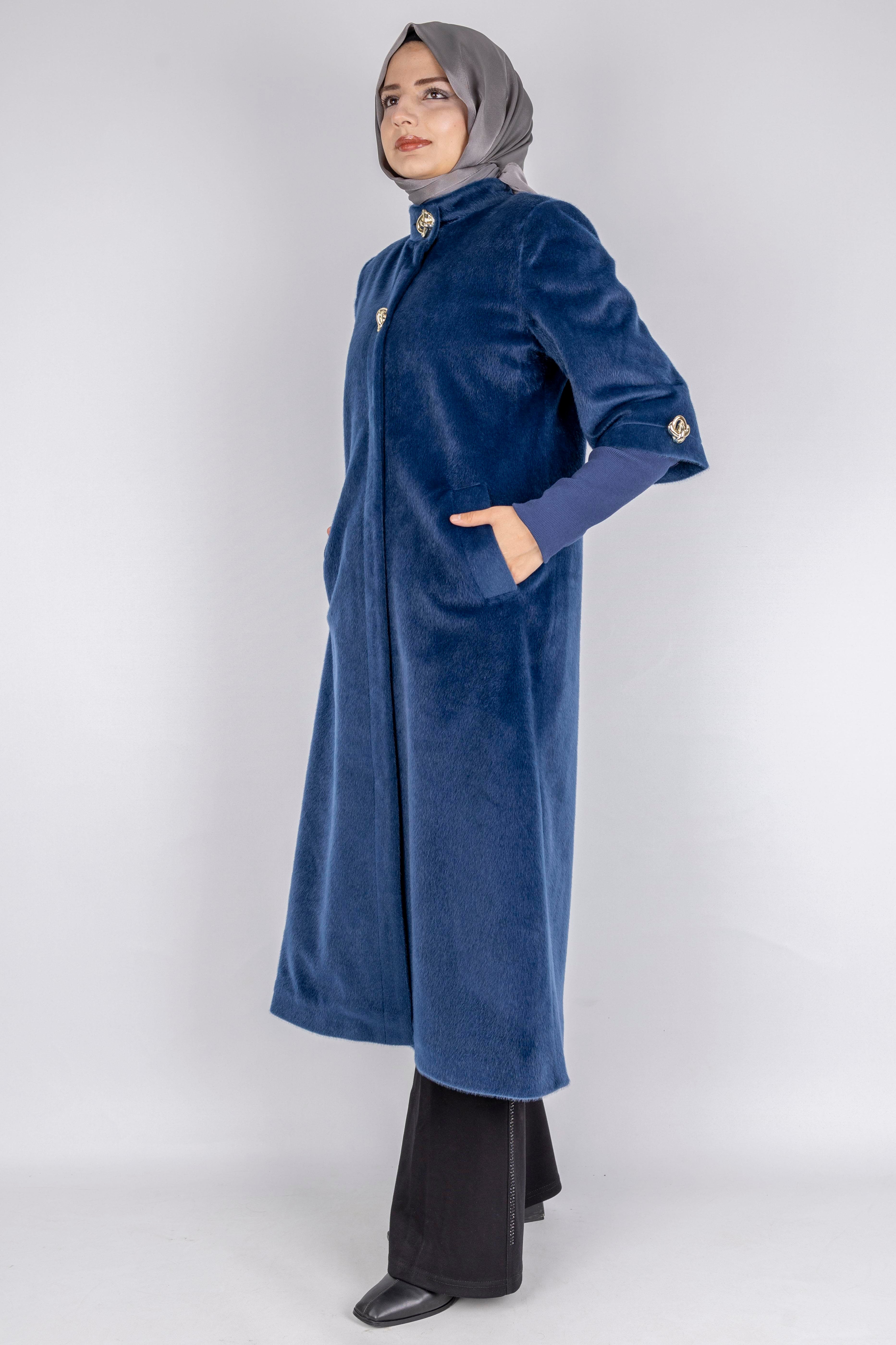 Kışlık Kadın Uzun Tay Tüyü Kaban Lacivert OTW36307