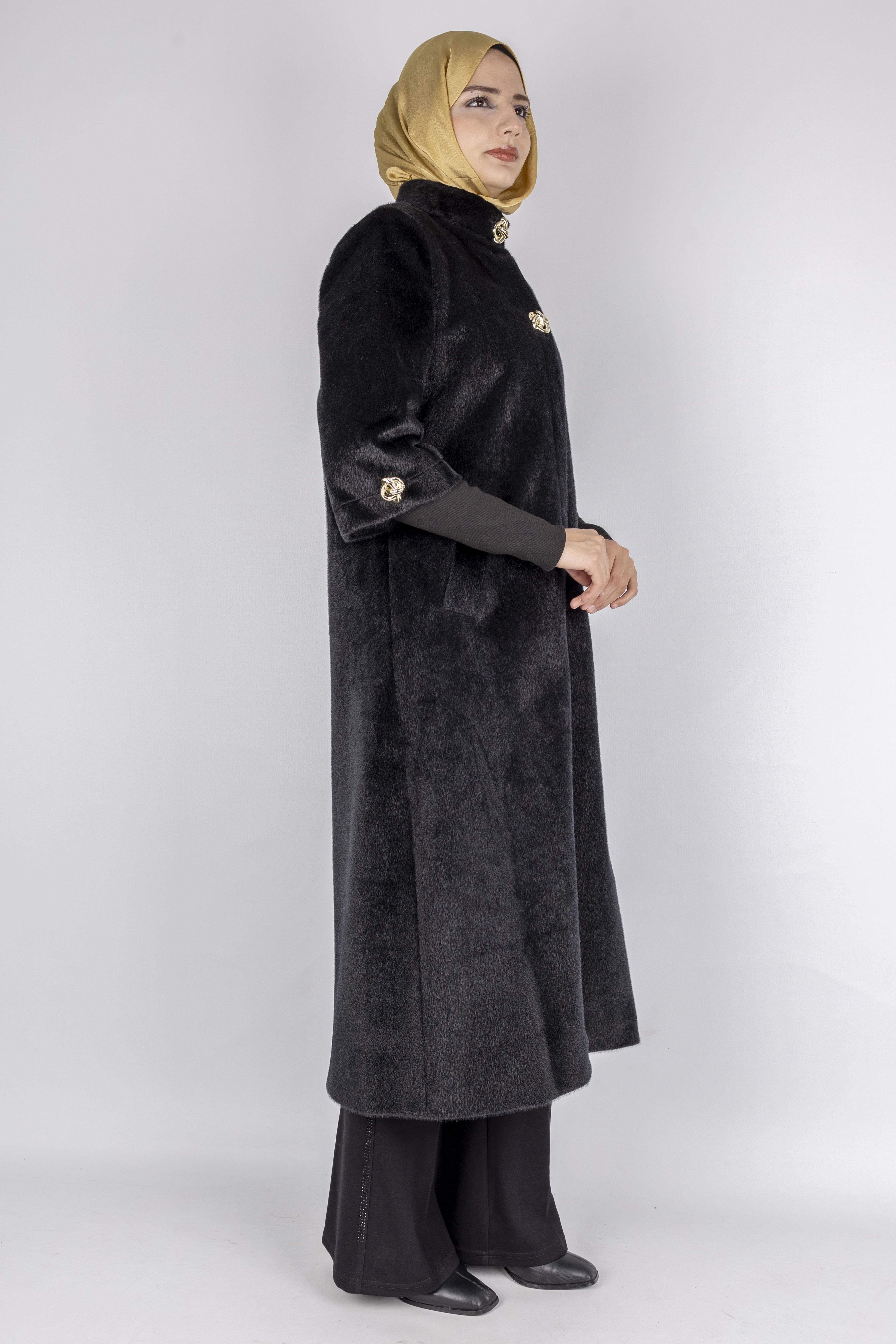 Kışlık Kadın Uzun Tay Tüyü Kaban Siyah OTW36307