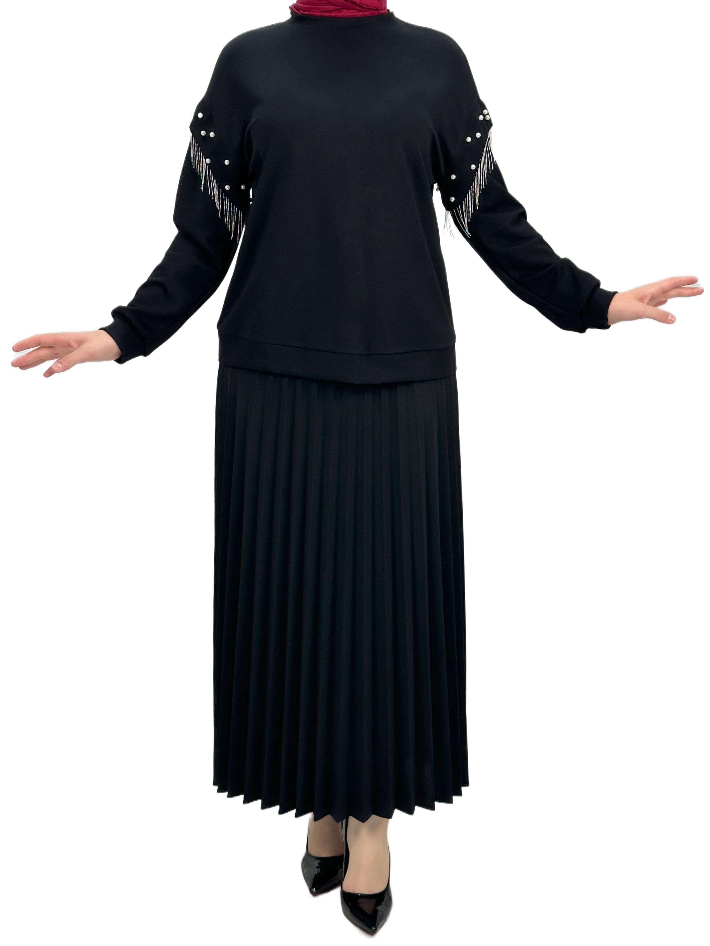 Kolları Boncuklu Bluz Siyah OTW1248