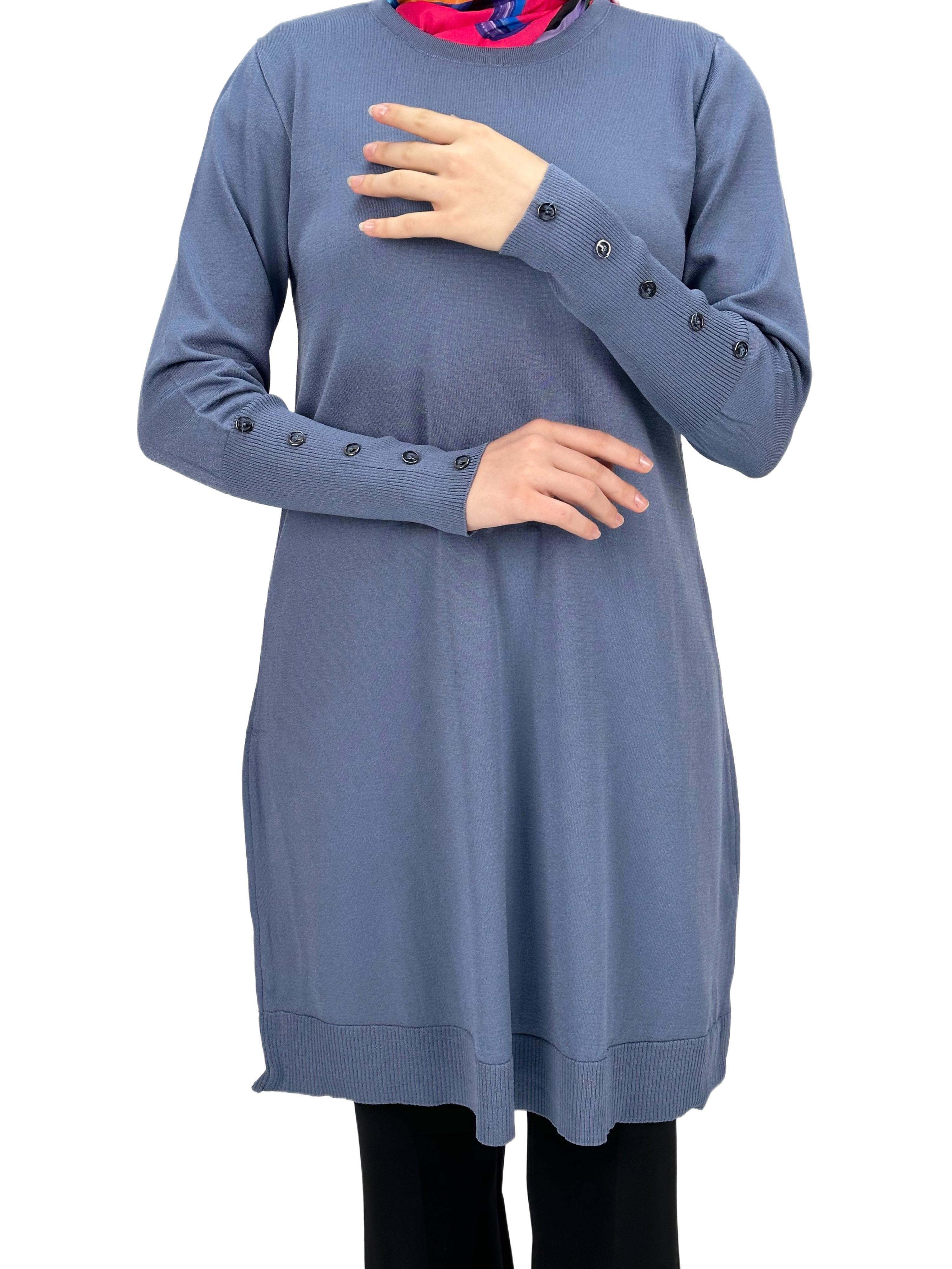 Kolları Düğmeli Merserize Triko Tunik İndigo OTW2769,2