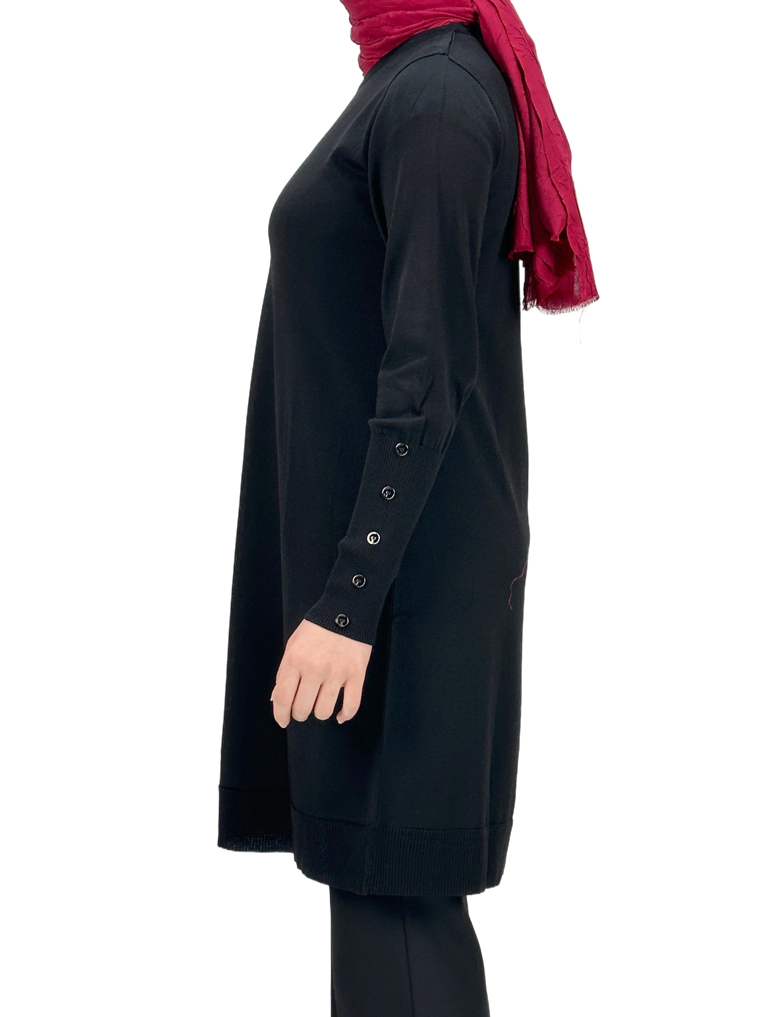 Kolları Düğmeli Merserize Triko Tunik Siyah OTW2769,2