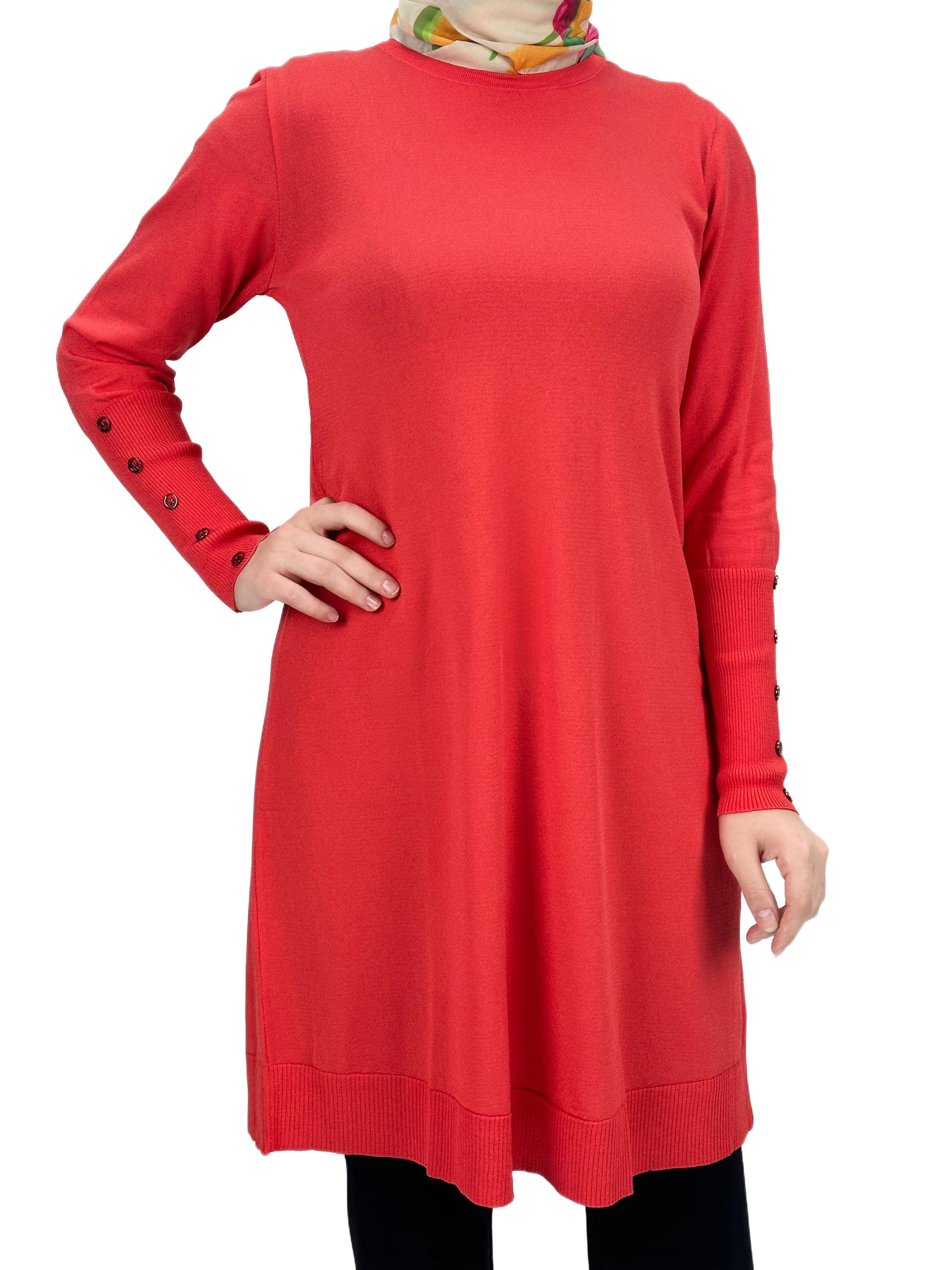 Kolları Düğmeli Merserize Triko Tunik Mercan OTW2769,2