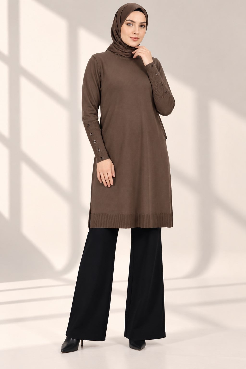 Kolları Düğmeli Merserize Triko Tunik Kahve OTW2769,2
