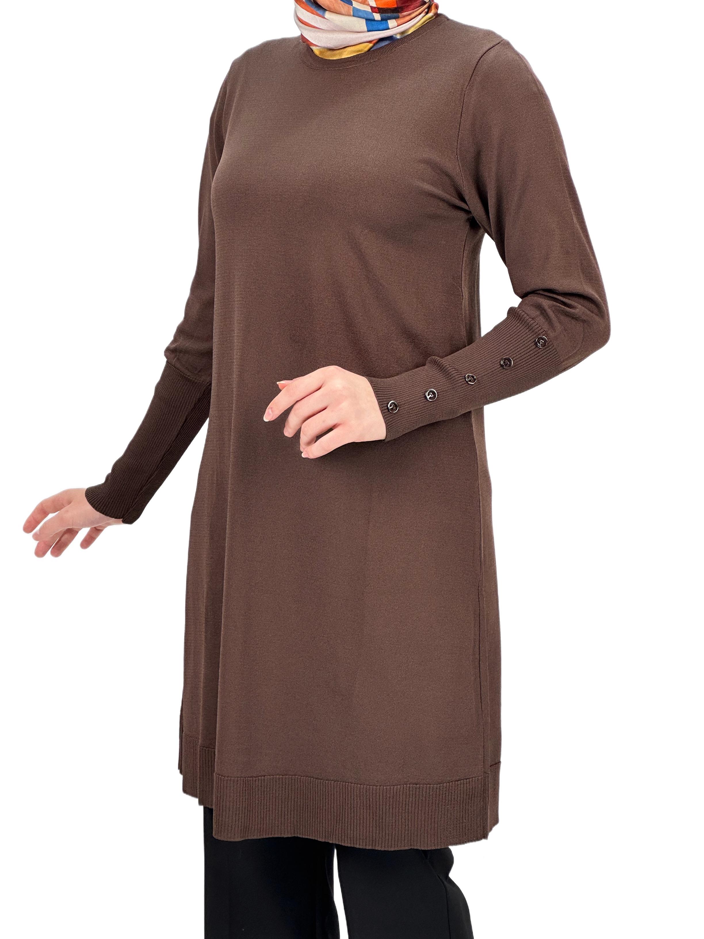 Kolları Düğmeli Merserize Triko Tunik Kahve OTW2769,2