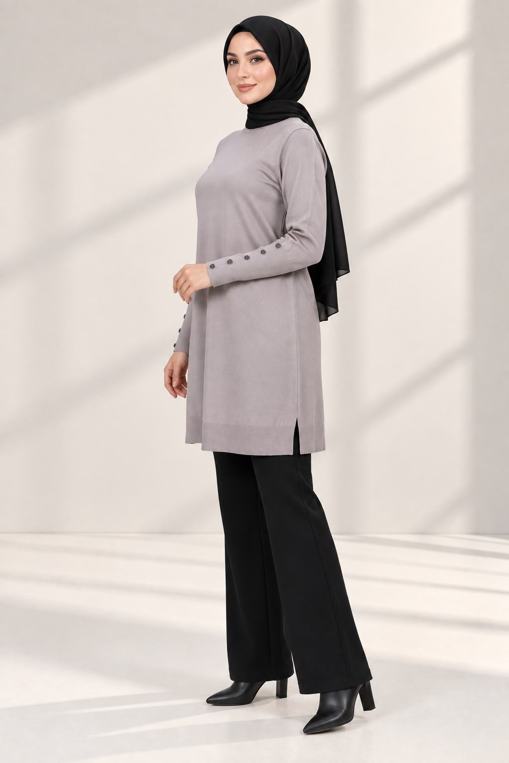 Kolları Düğmeli Merserize Triko Tunik Pudra OTW2769,2