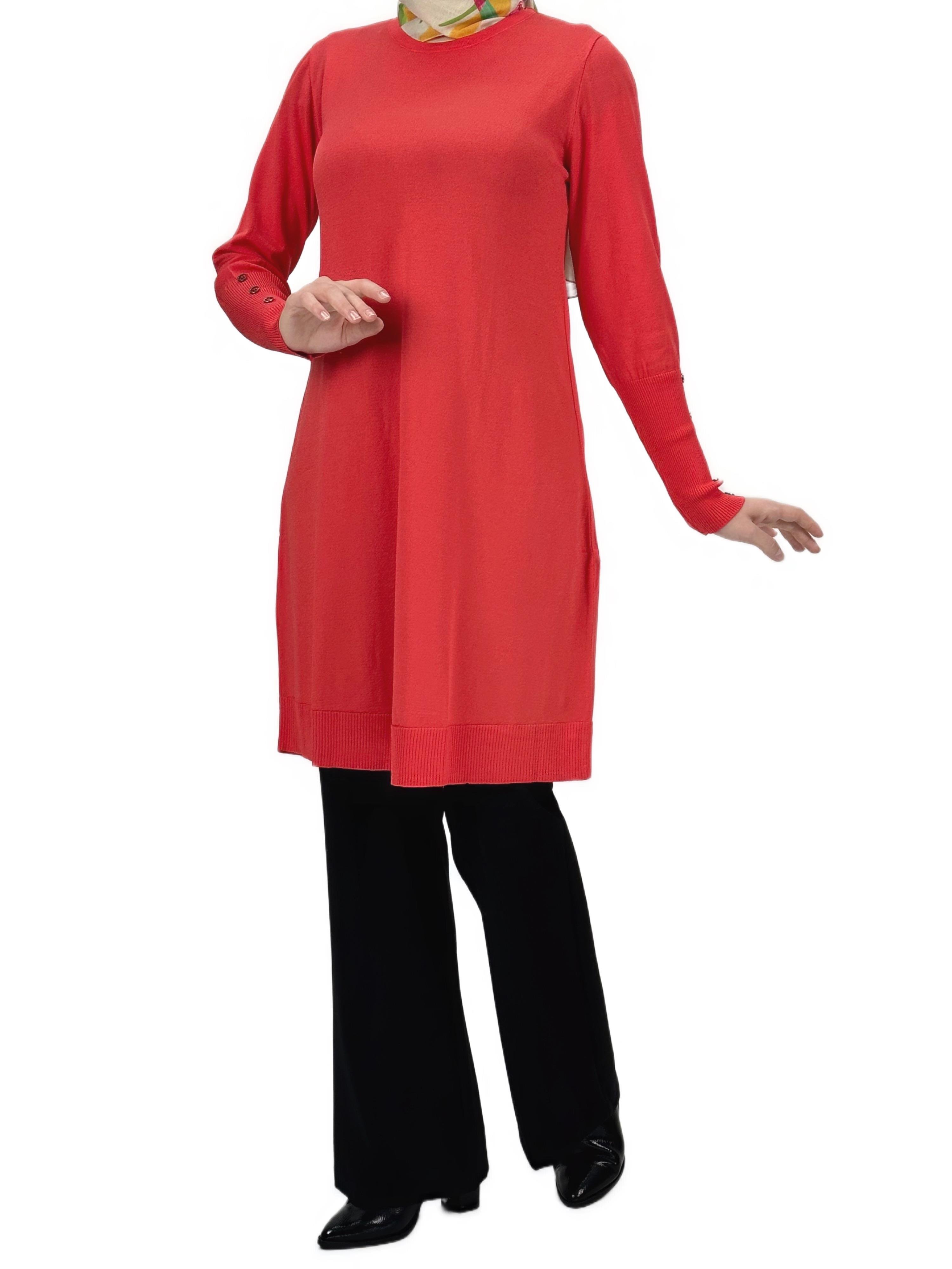 Kolları Düğmeli Merserize Triko Tunik Mercan OTW2769,2