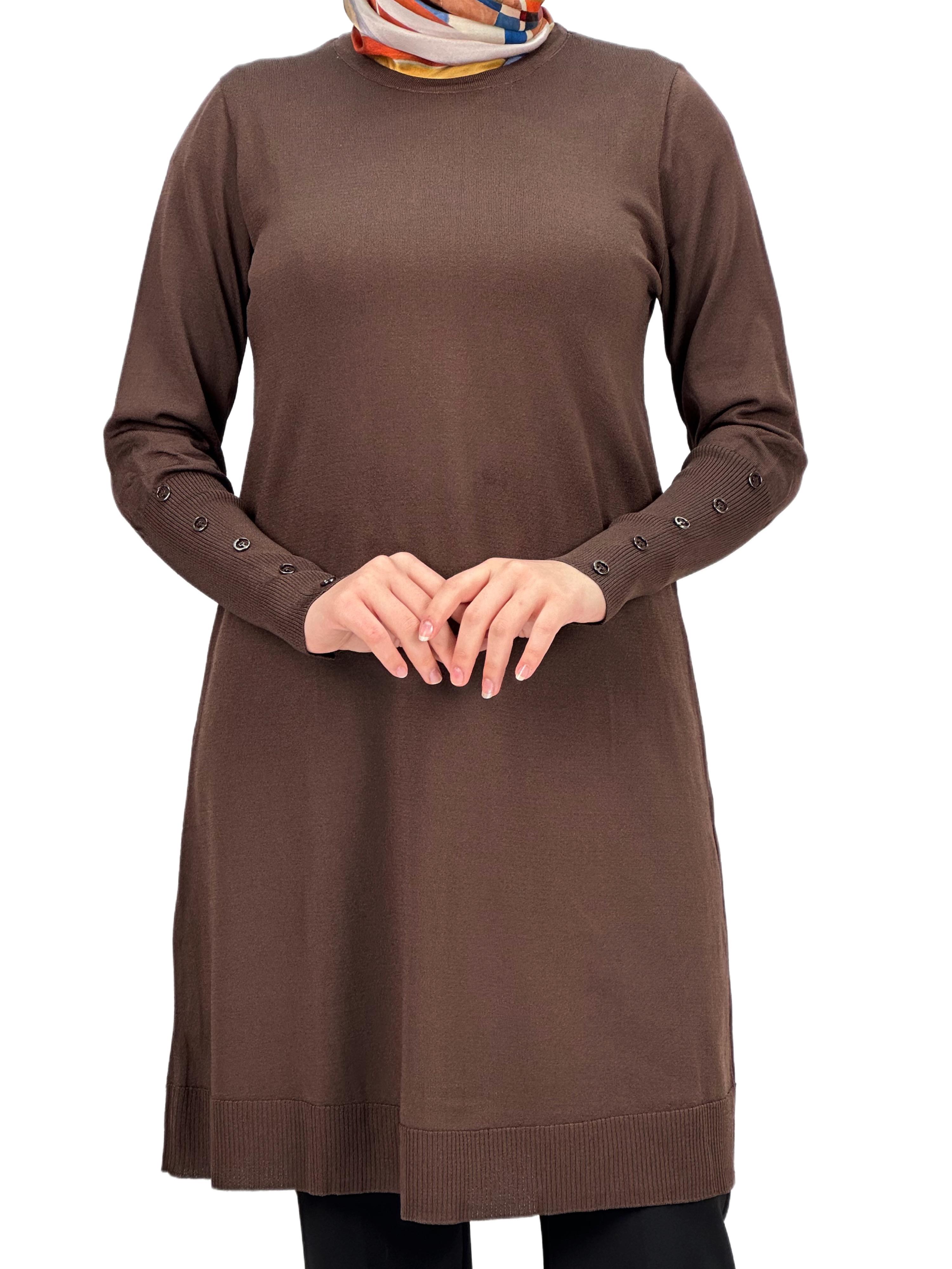 Kolları Düğmeli Merserize Triko Tunik Kahve OTW2769,2