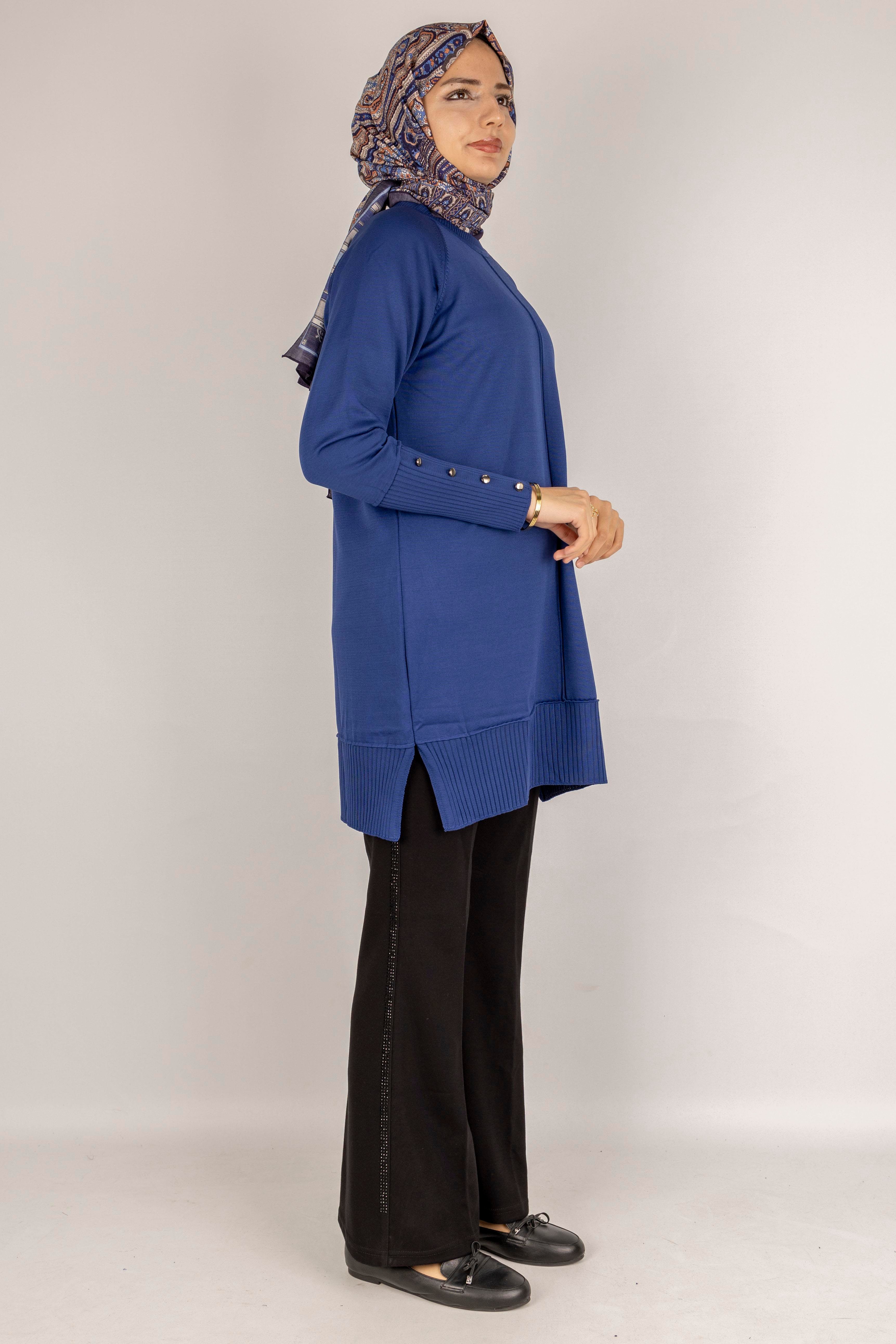 Kolları Düğmeli Ribanalı Merserize Tesettür Tunik Saks OTW1002