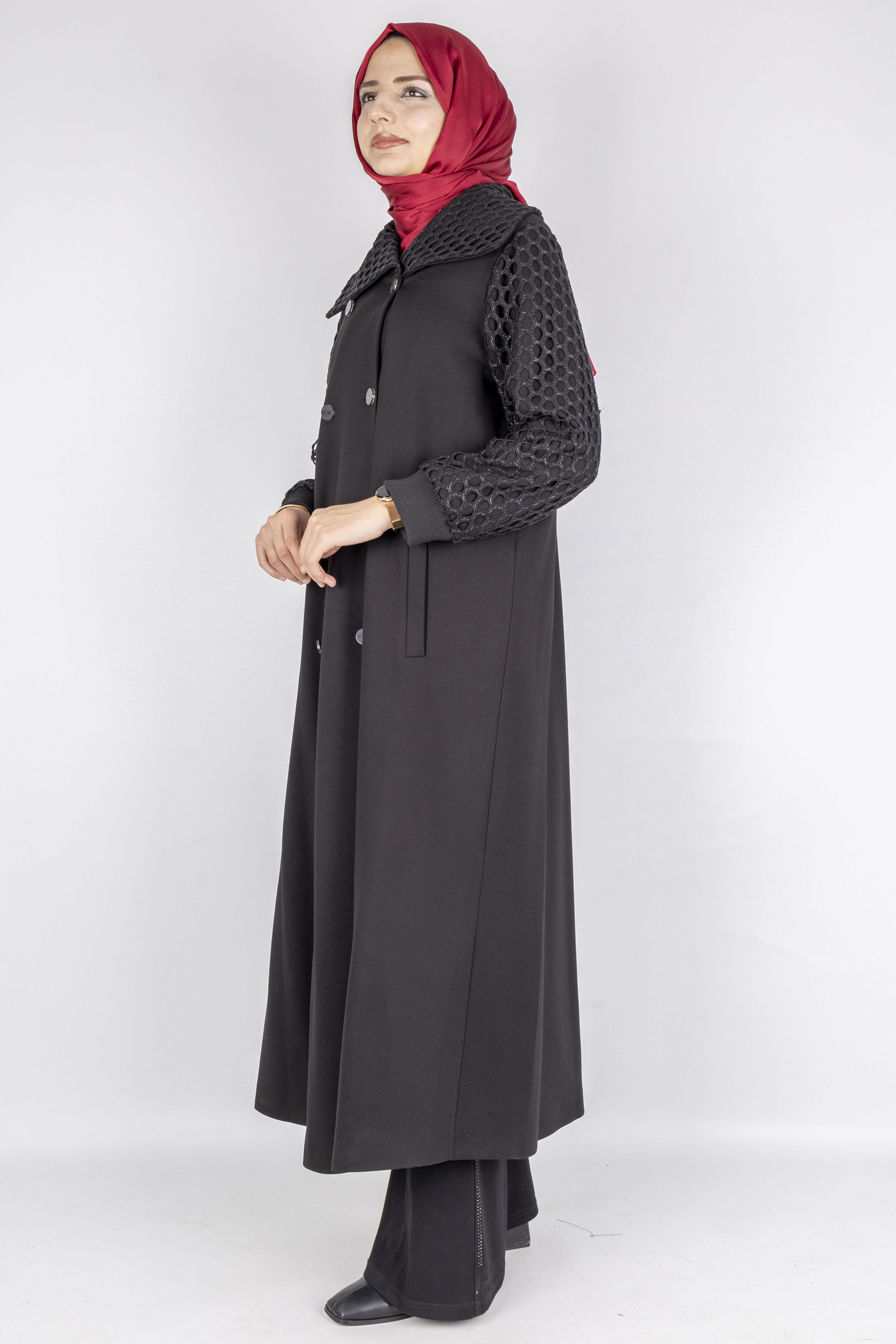 Kolları File Detaylı Tesettür Kap Siyah OTW1592