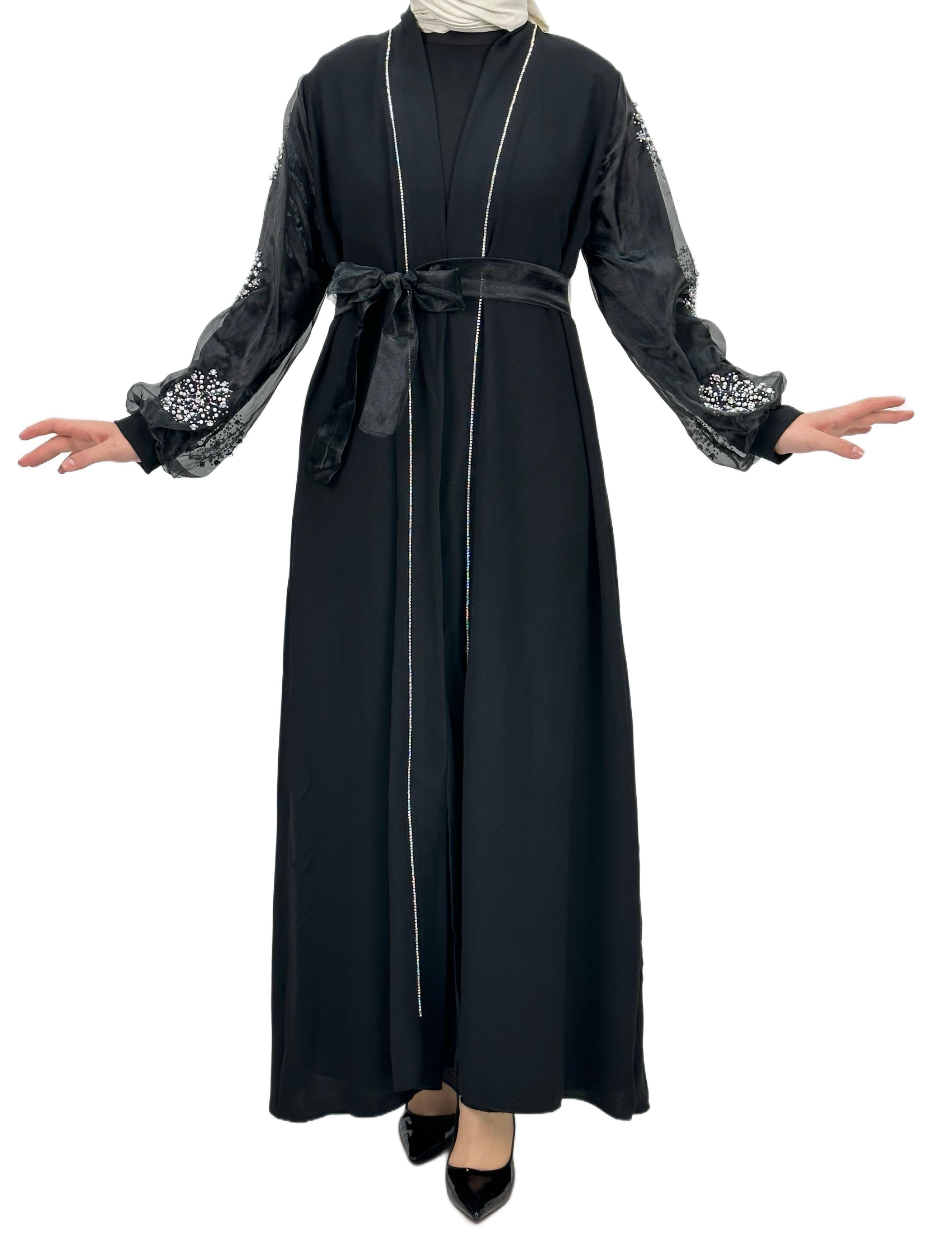 Kolları İncili Abaya Siyah OTW4275