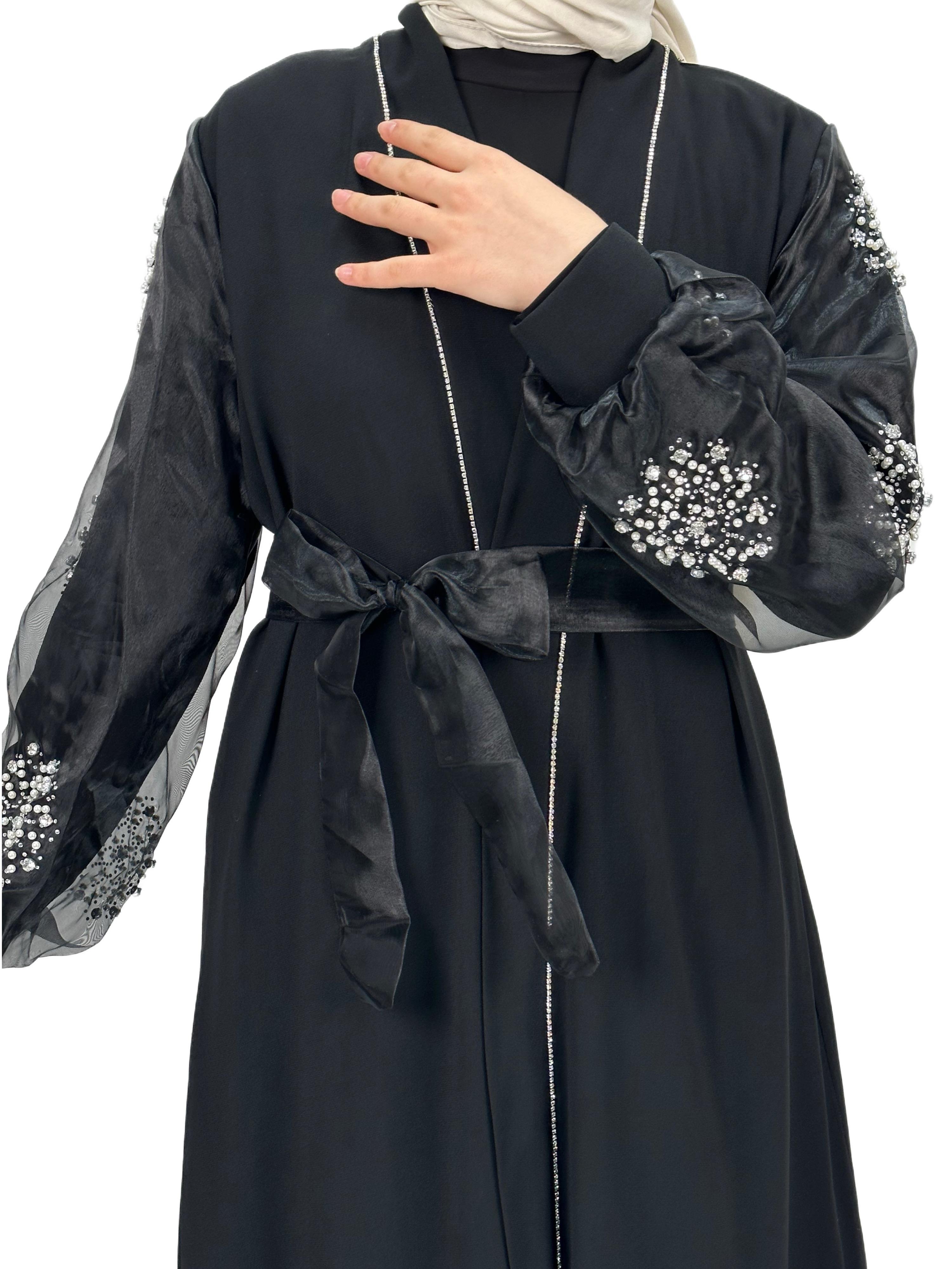 Kolları İncili Abaya Siyah OTW4275