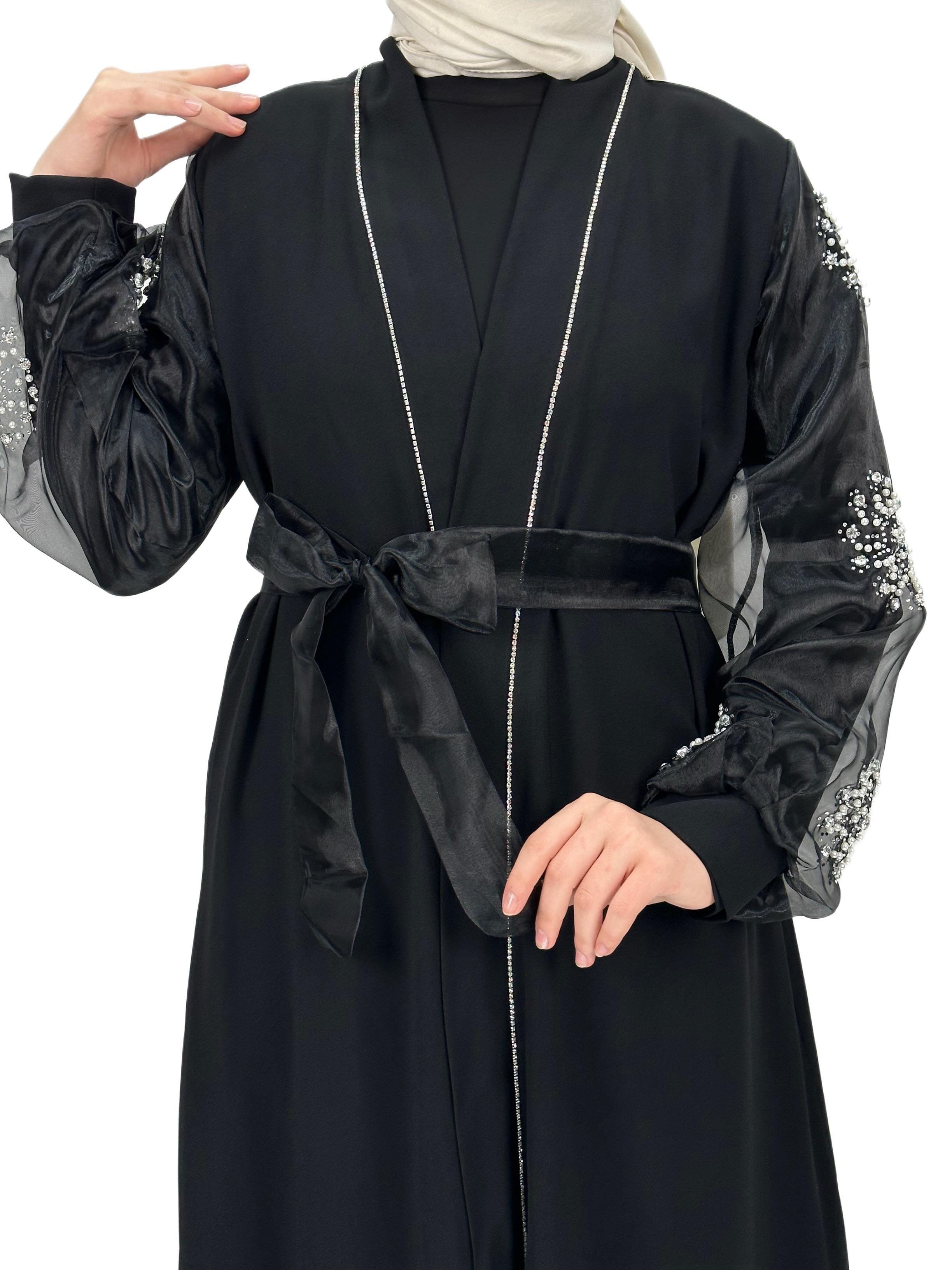 Kolları İncili Abaya Siyah OTW4275
