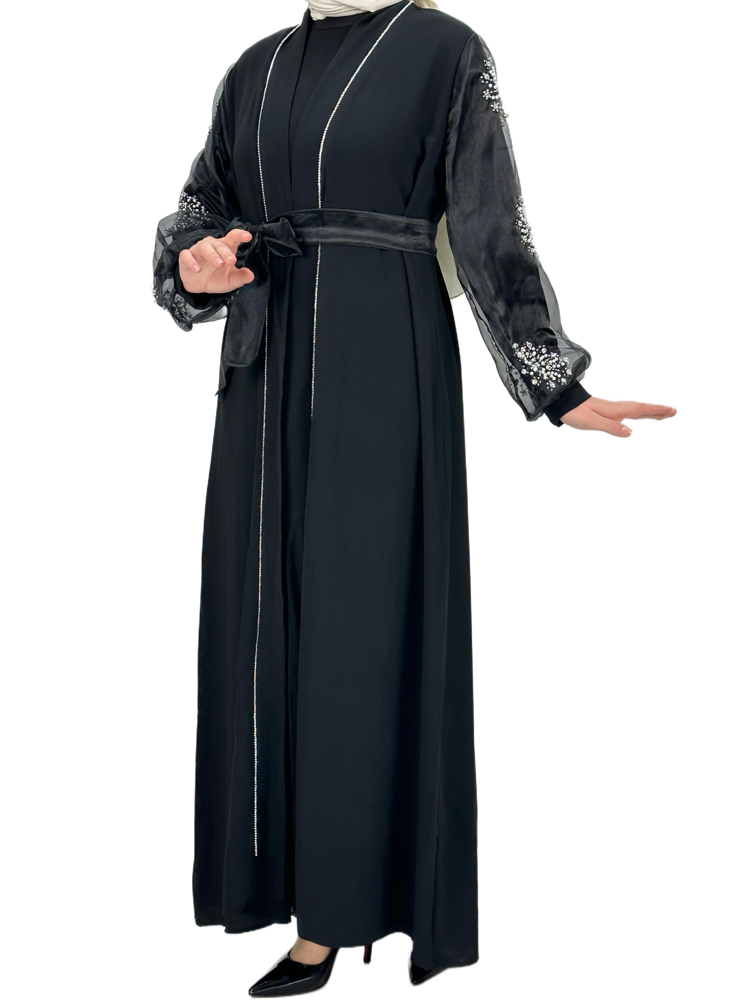 Kolları İncili Abaya Siyah OTW4275