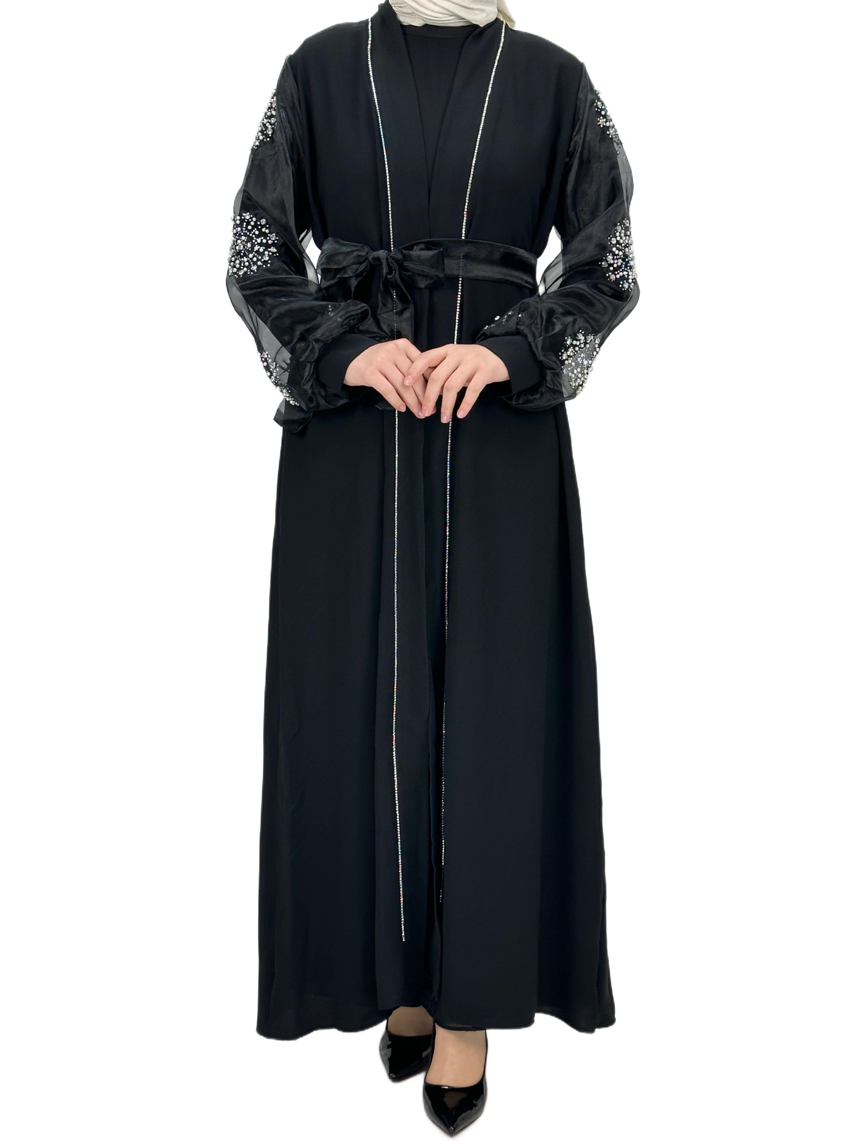 Kolları İncili Abaya Siyah OTW4275